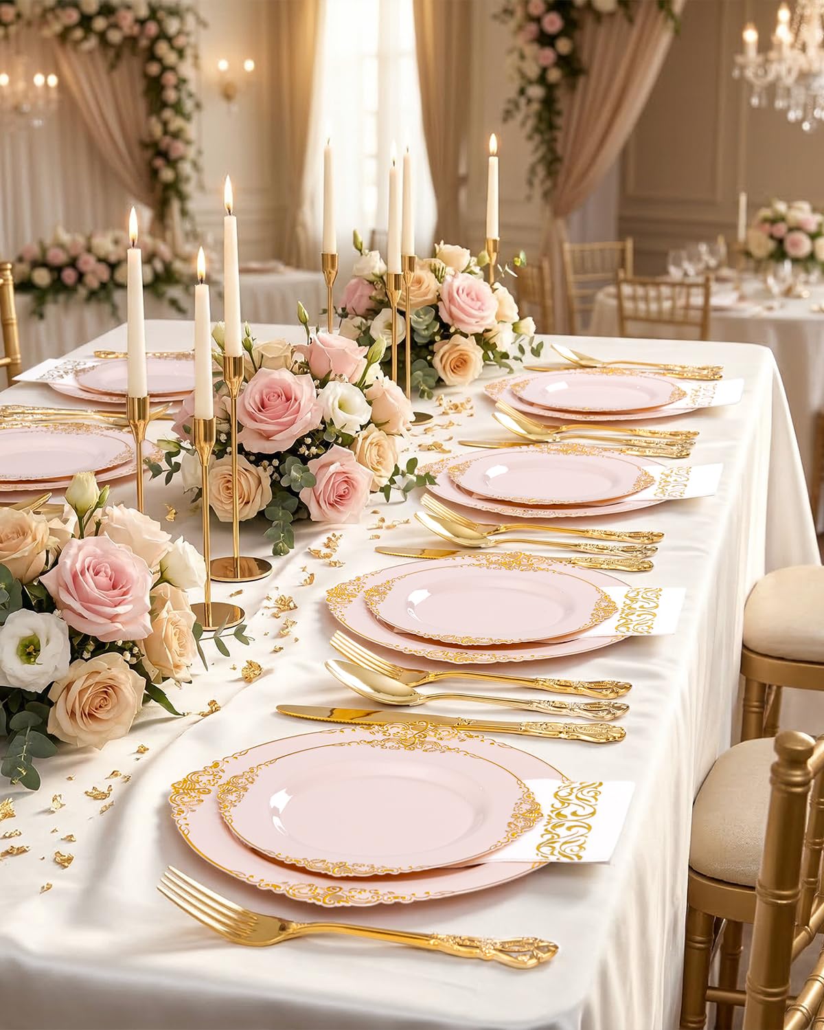Ciaell 300PCS Pink and Gold Plastic Plates - Pink Disposable Dinnerware Sets for 50 Guests - 100 Plates, 50 Knives, 50 Forks, 50 Spoons, and 50 Napkins for Wedding, Party