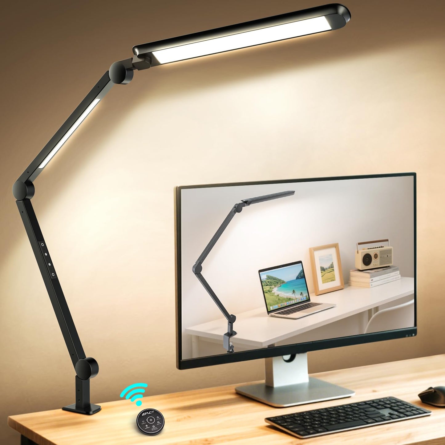 YULINKCO LED Desk Lamp with Clamp, Adjustable Dual Light & Remote Control, Puzzle Light for Table No Glare, 4 Color Modes with Wireless Remote for Home Office & Study
