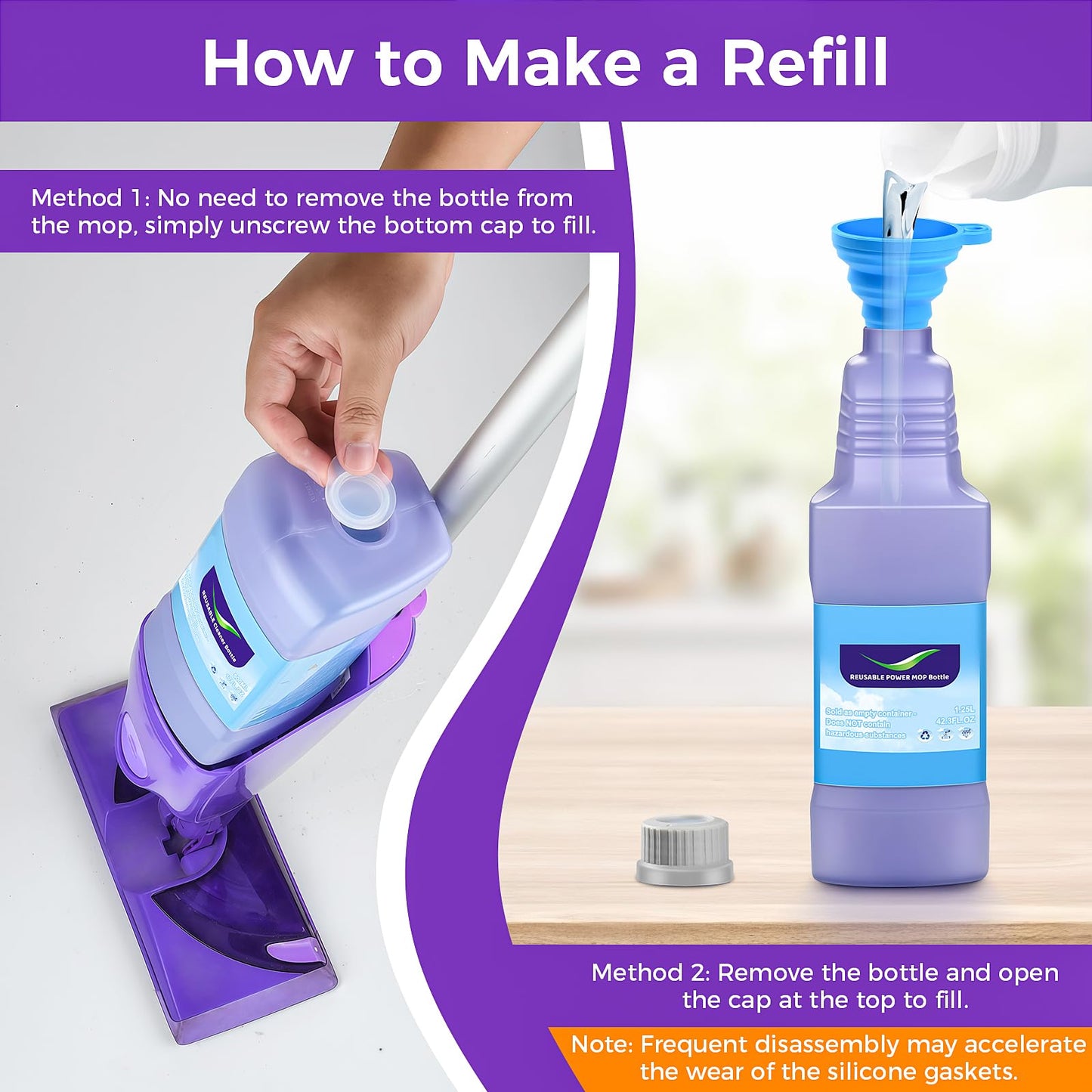 Refillable Replacement Bottle for Swiffer® Wet Jet™ Mop, 1250ml /42 oz, Empty, Leak-Proof HDPE Cleaner Solution Refill Bottle with 7 Silicone Gaskets & 1 Foldable Funnel