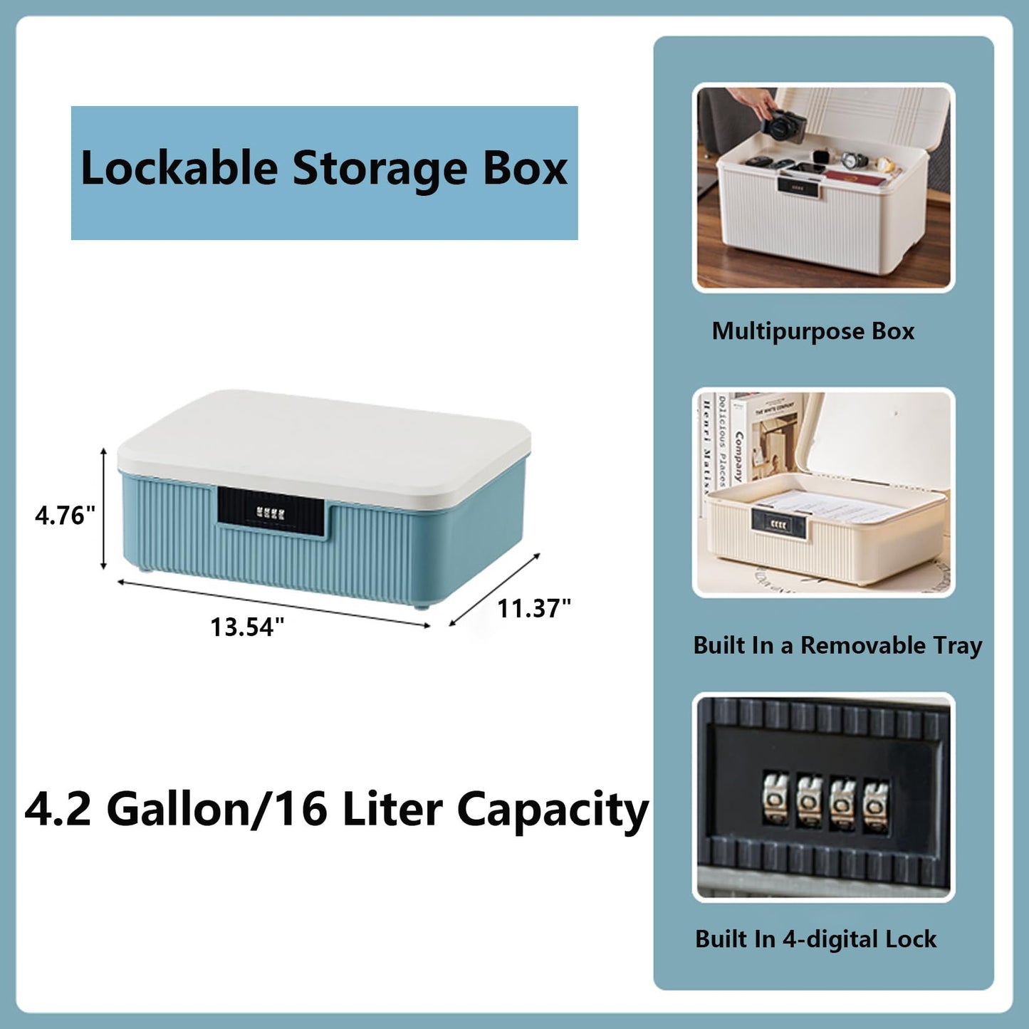 PENCK Lockable Storage Container Bin with Combination Lock - 4.2 Gallon Capacity Organizer Box & Plastic Trunk for Office/Home Security | Heavy Duty ABS Storage Box, White&Blue