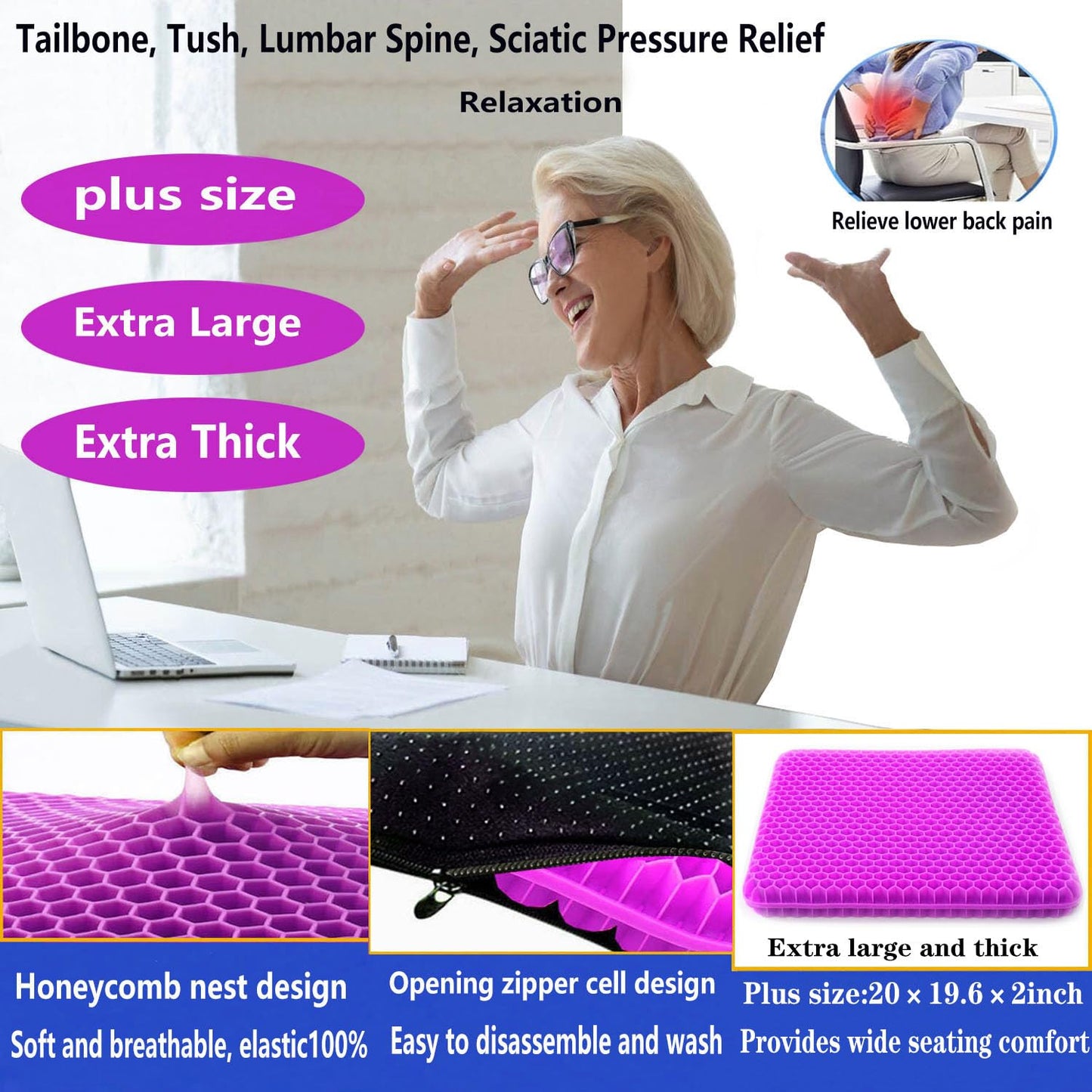 Plus Size Gel Seat Cushion for Long Sitting, Extra Large and Thick, Seat Cushion for Back, Hip, Sciatica, Tailbone Pain Relief, Used for Office, Wheelchair, Car, Recliner, Stadium, Kayka.(Rose red)