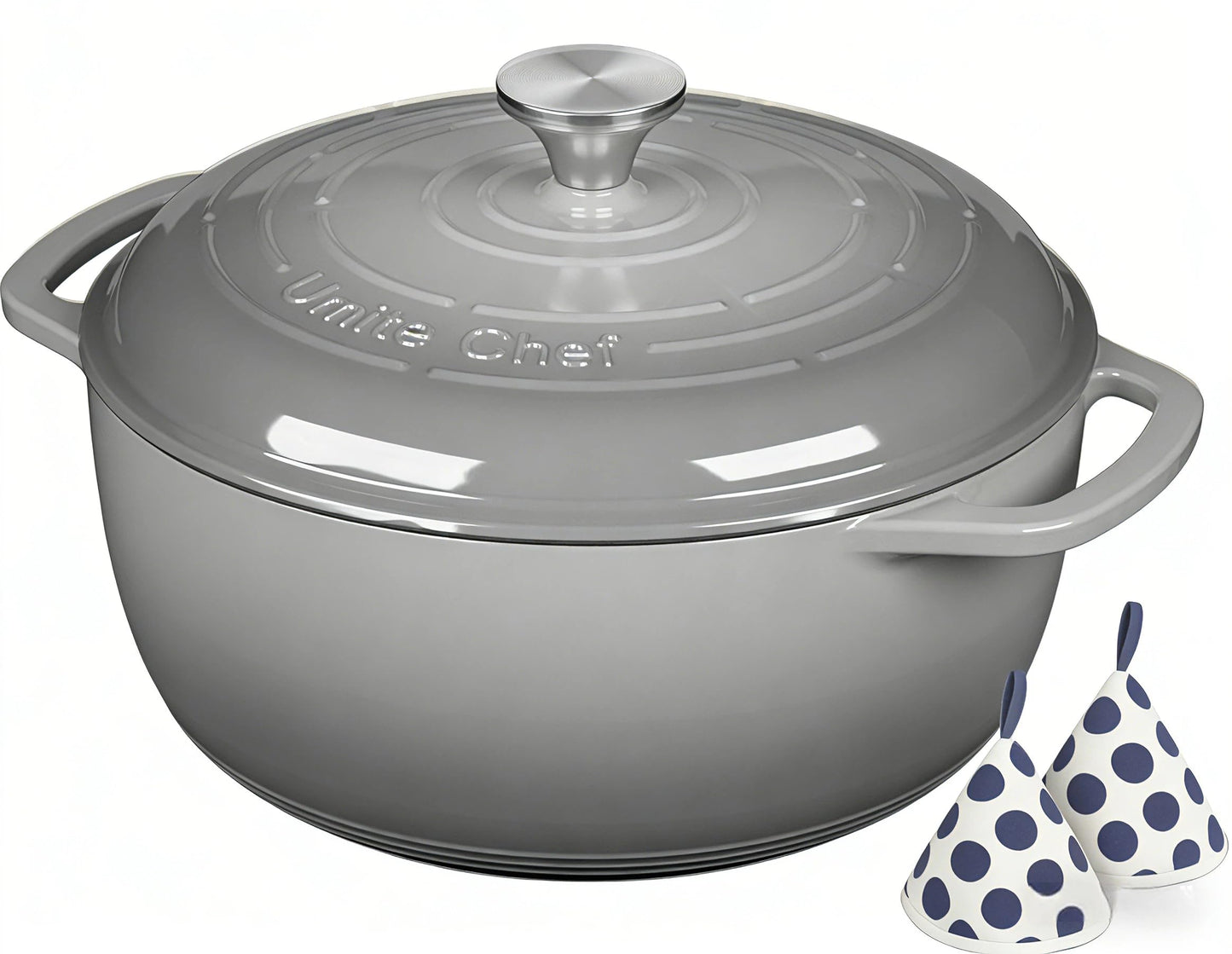 Enameled Cast Iron Dutch Oven - Umite Chef 6QT Pot with Lid & Cotton Potholders - Dual Handles -Versatile Heavy Duty Cookware for Bread Baking, Braising, Stews, Roasting(Grey）