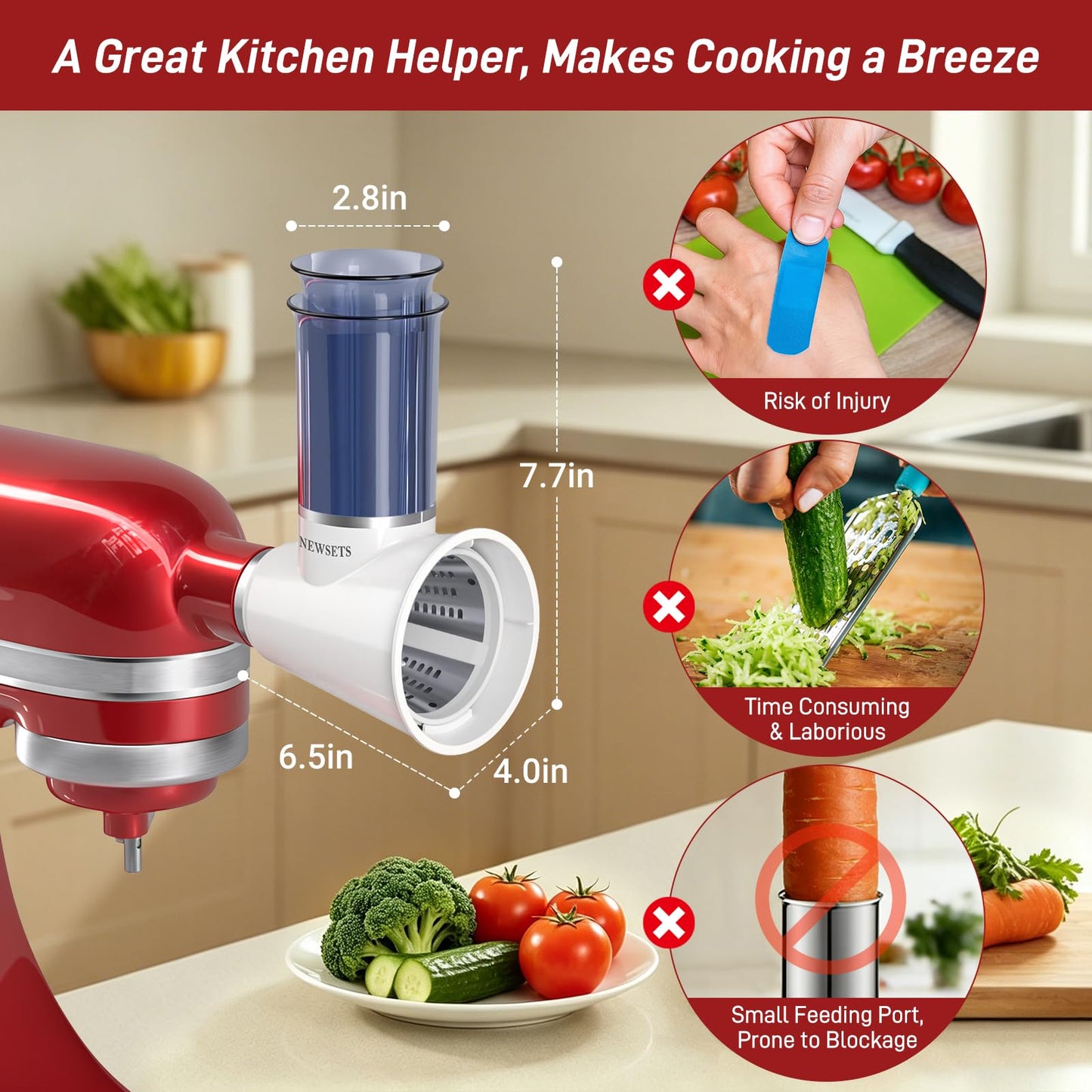 Slicer Shredder Attachment for KitchenAid Stand Mixers, Cheese Grater Attachments, Vegetable Slicer Salad Maker Accessories for Kitchenaid, Food Slicers with 4 Blades, Dishwasher Safe