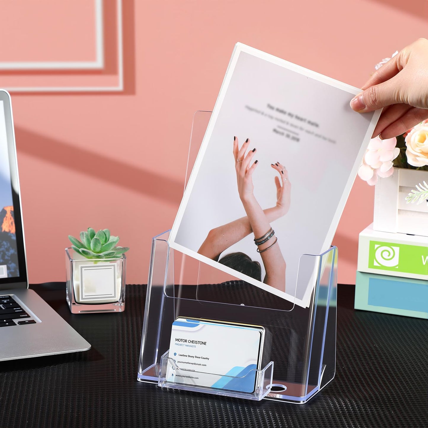 Memorywuu 8 Pack 6x9 Acrylic Brochure Holder with Business Card Organizer, Clear Brochure Display Stand, Plastic Flyer Display Stand Holder for Business Card, Pamphlet, Booklets, Magazine, Journals