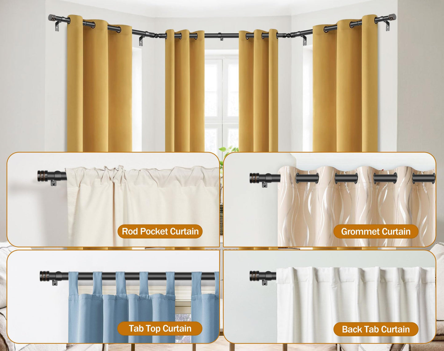 Black Bay Window Curtain Rod, HOTOZON 1 Inch Curtain Rods for Bay Windows 36-72 Inch(Center Rod), 20-36 Inch Side Rods for Windows, Heavy Duty Decorative Drapery Rod with End Cap Finials