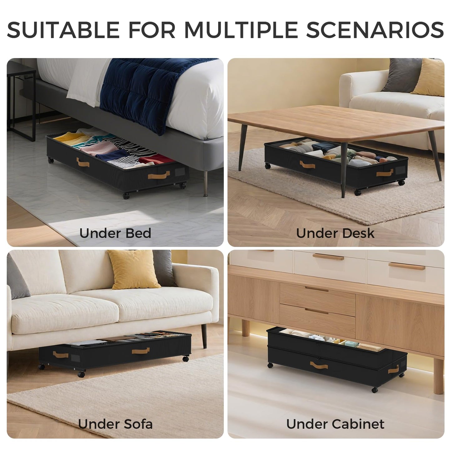 BETBEM Under Bed Storage with Wheels 2-Pack, 75L XXL Under the Bed Storage Containers Large, 12" Tall Adjustable Storage for Underbed with Lids, Rolling for Shoes, Clothes, Blankets (Black)