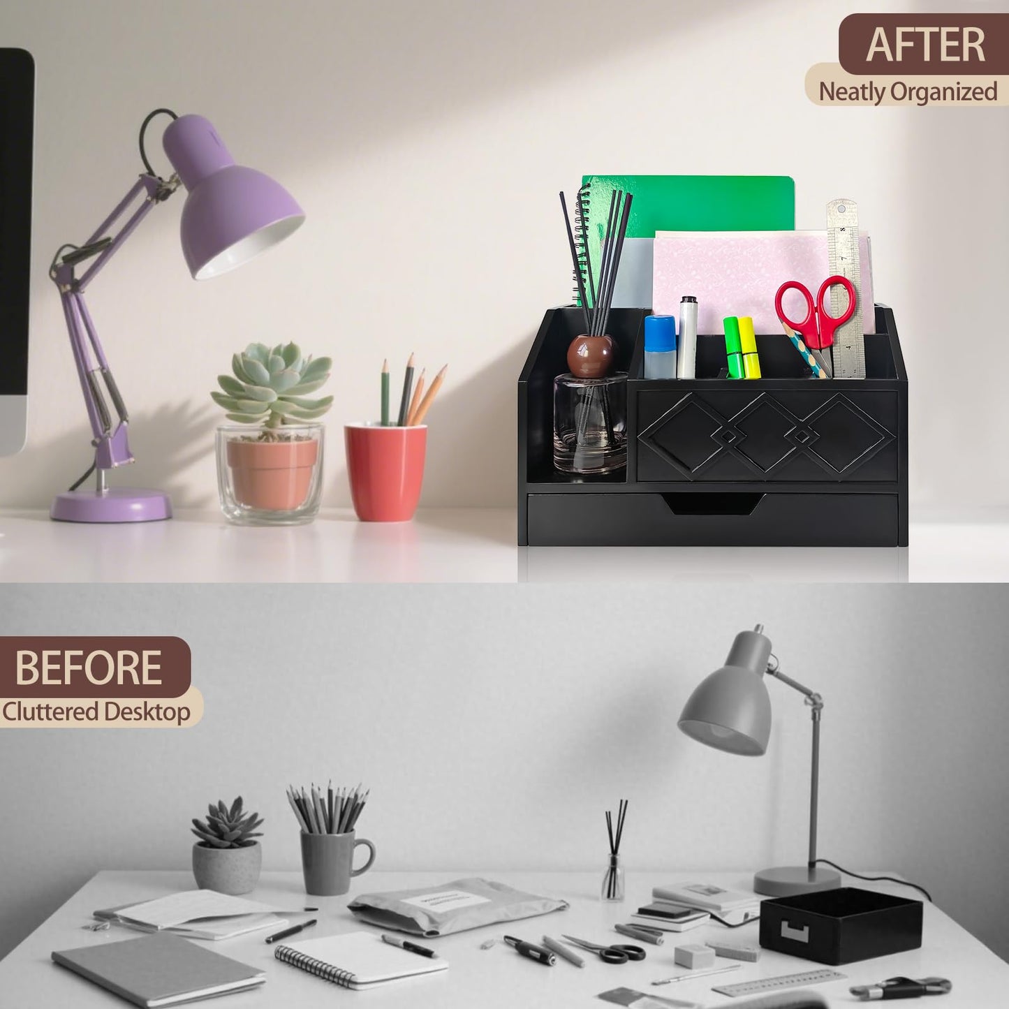 UUyuality Black Wooden Mail Organizer with Drawer, Three Tiered Desk Accessories for Office Organization and Storage, Stylish Countertop Document Storage, Home/Office/Classroom Supplies (Black02)
