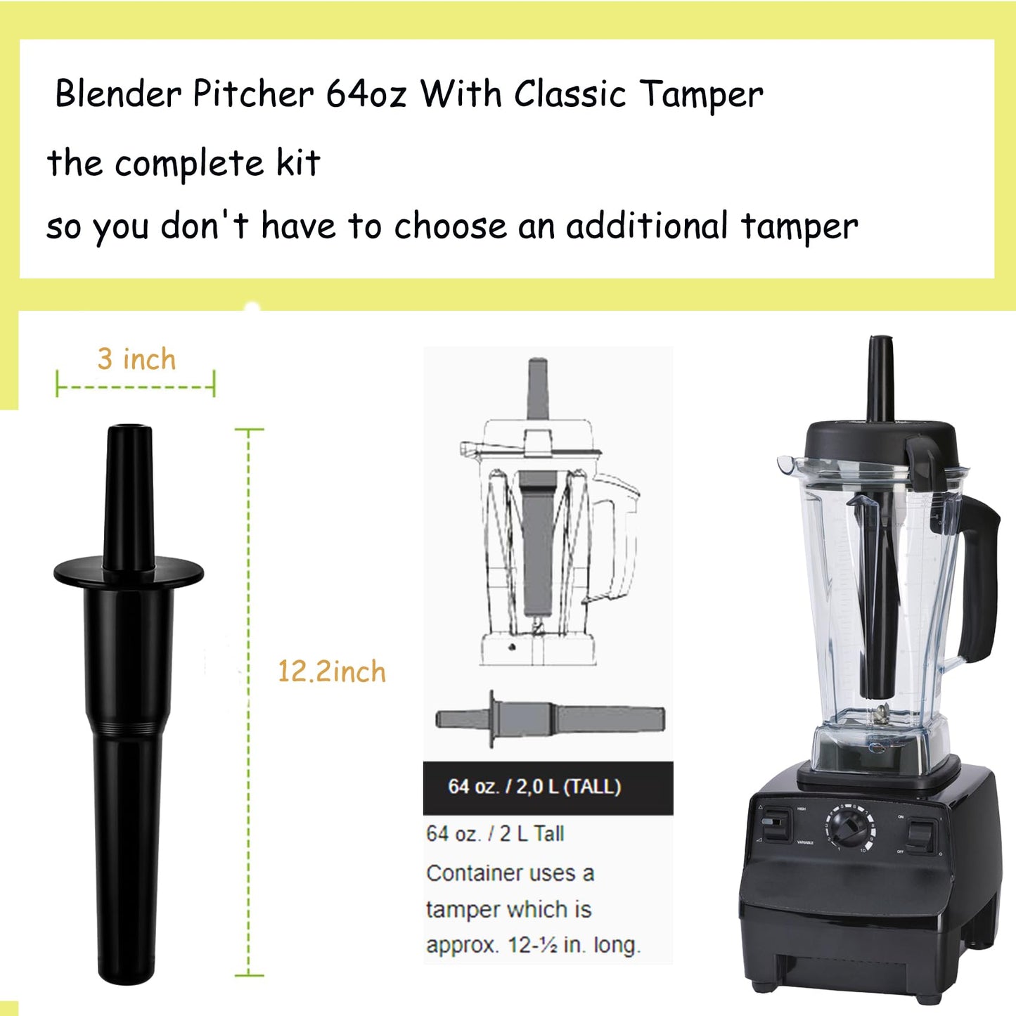 Blender Pitcher 64oz, With Classic Tamper,Compatible with 5200 5000 7500 Pro500 Vita-Prep Vm0101 Vm0102 Vm0103 Vm0197 E310 320 Explorian/Commercial Series etc blender, 10 Year Warranty