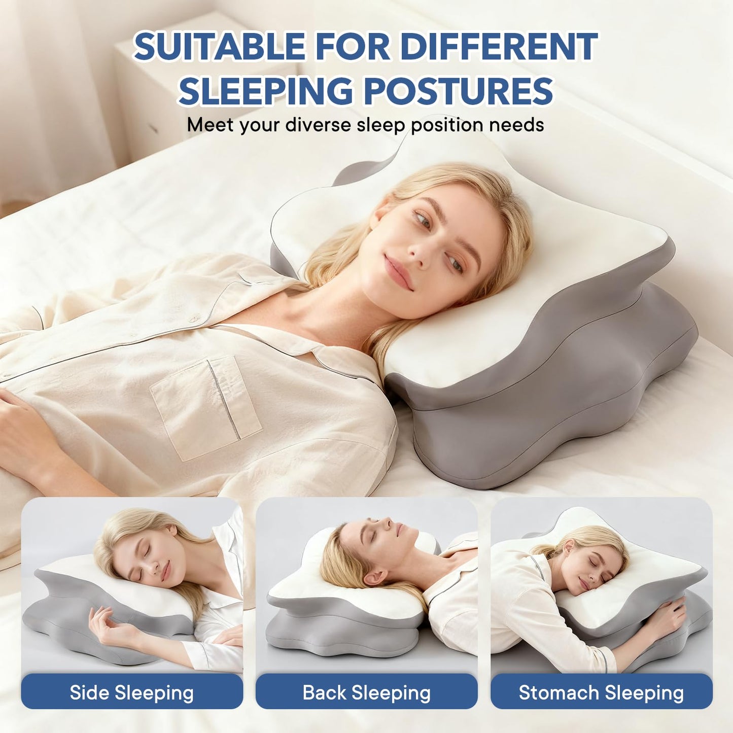 Cervical Pillow for Neck and Shoulder,Contour Memory Foam Pillow,Ergonomic Neck Support Pillow for Side Stomach Back Sleepers with Skin-Friendly Pillowcase (White)