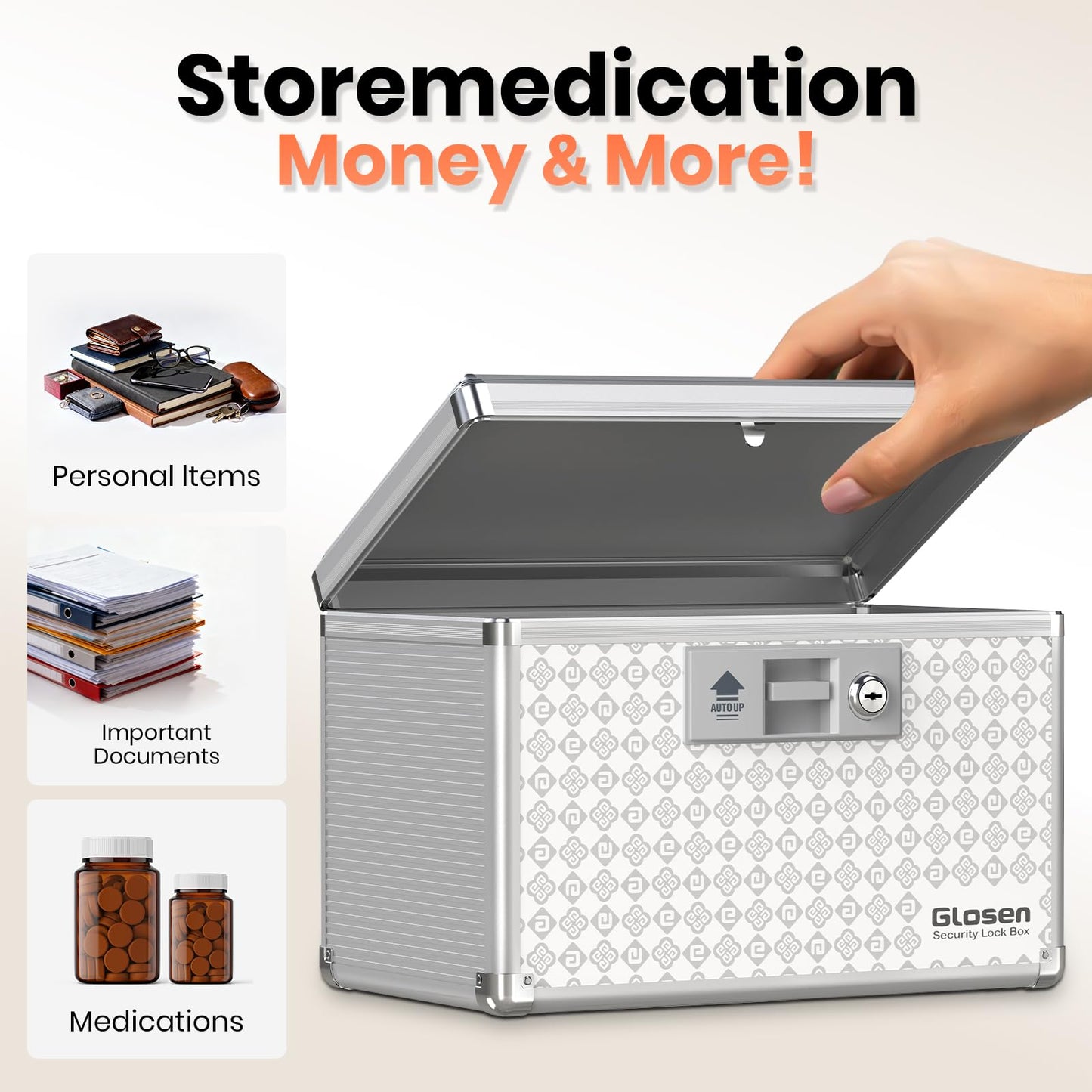 Glosen Medicine Lock Box Storage Lock Box Grey 12 X 7.68 X 7.87 Inch 【Medium】 Lockable Dorm Storage Trunk with Key Lock - Briefcase, Lock Boxes for Personal Items