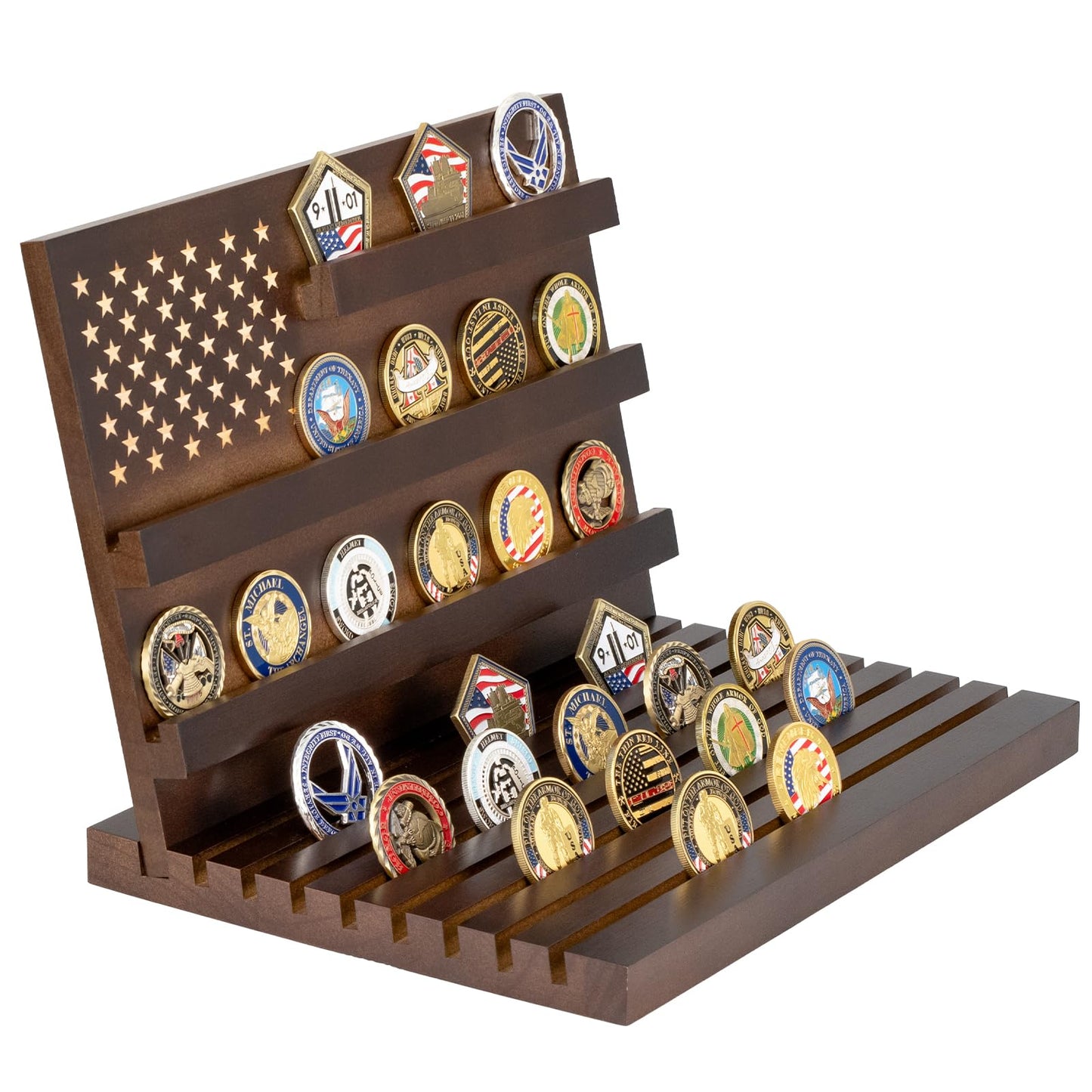 Challenge Coin Display, Slotted Stands Military Coin Holder Display Rack Solid Wood for Army Coin Collection Desk Tabletop Decorative Stands, Large Capacity of 80 Coins 8 Raw (Walnut)