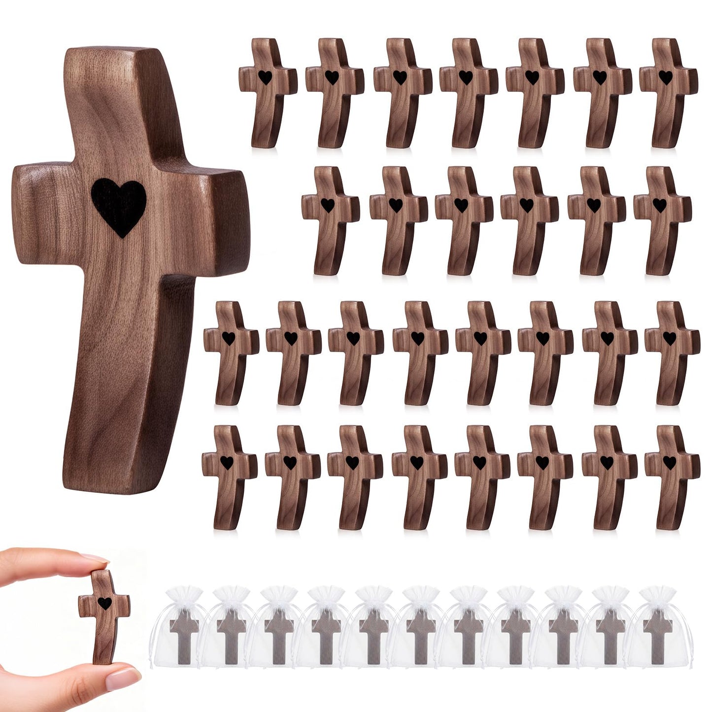30-Pack Wooden Cross Fidget, Handmade Pocket Wood Crosses, Cross My Heart | Encouragement Gift, Relieve Anxiety for Yourself, Inspirational Easter Gift for Christian Faith, Prayer, Father Day Gifts
