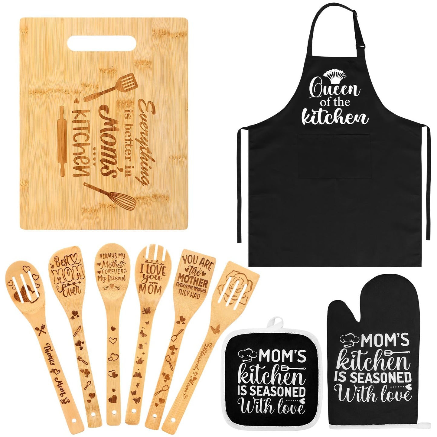 Mom Kitchen Gifts Mothers Day Gifts for Mom from Daughter, Mom Birthday Gift Ideas with Cutting Board Wooden Spoons Aprons Oven Mitts Pot Holder for Cooking