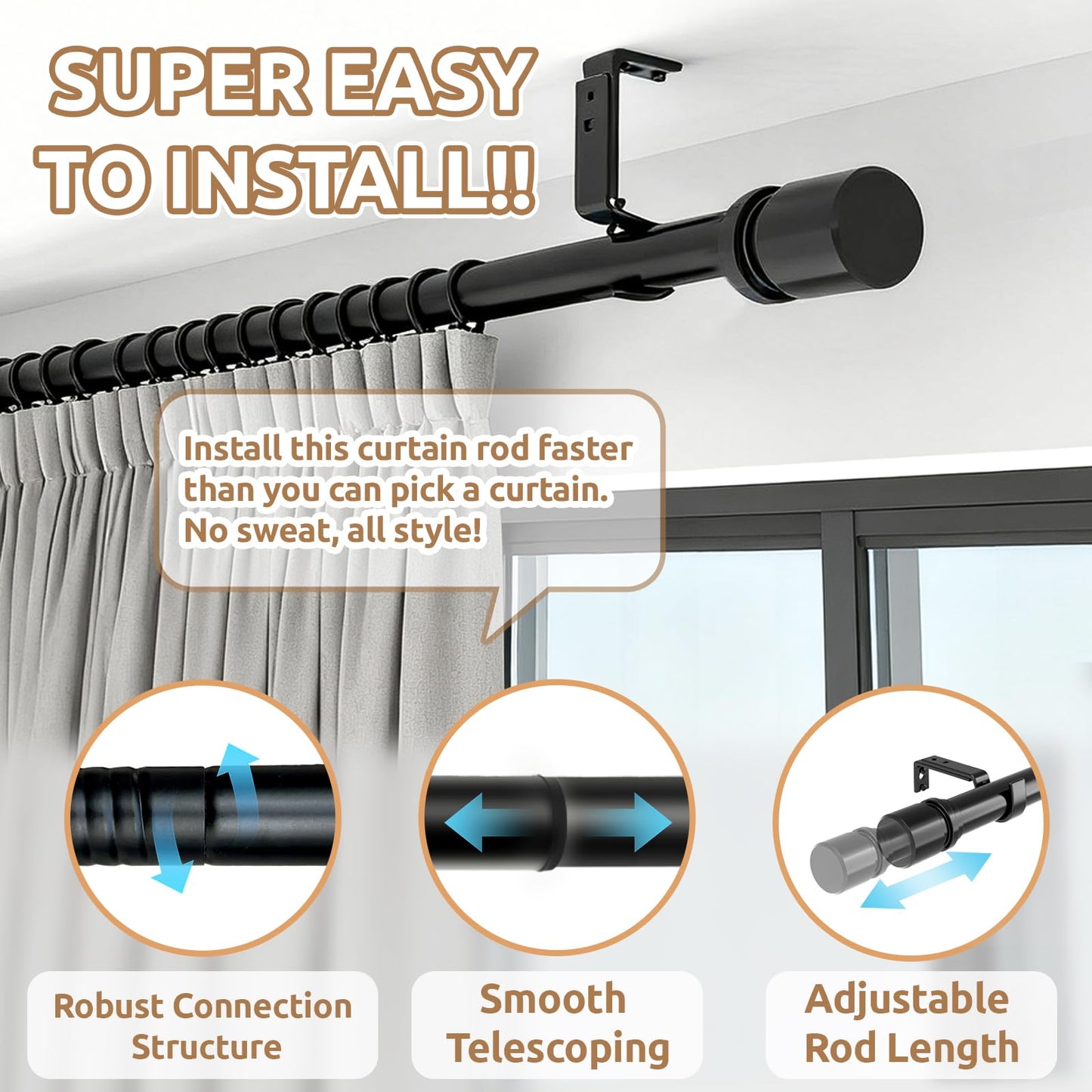 Outdoor Curtain Rods for Patio, Extra Long Rod (32 to 240 Inch) – Heavy Duty Curtain Rod, Adjustable Wall & Ceiling Mount, Matte Black Room Divider, For 1 Large Window or 2 Windows,5 Holders