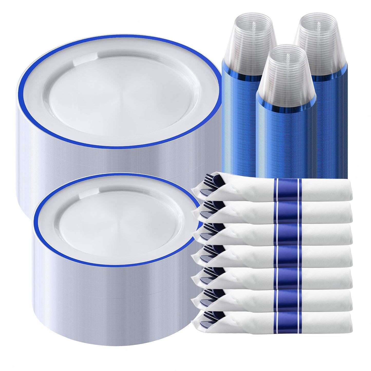 Goodluck 350 Piece Dark Blue Plastic Dinnerware Set for Party, Clear Disposable Plates for 50 Guests, Includes 100Plates, 50 Pre Rolled Napkins with Cutlery Set, 50 Cups, for Graduation, Birthday