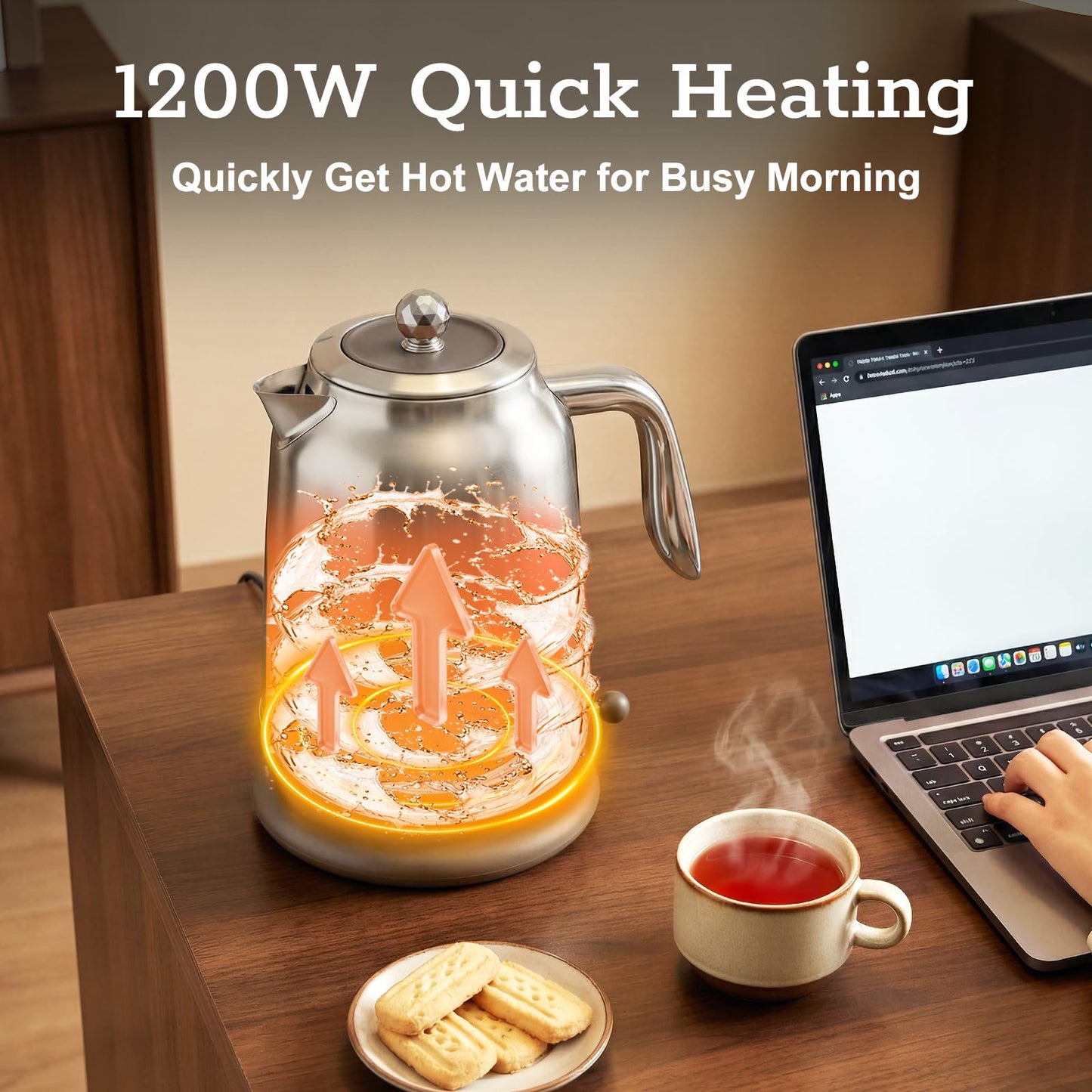 Trisiko 1.7L Large Electric Kettle with Thermometer,57.oz Electric Tea kettle with Automatically Shut Off,304 Stainless Steel,1200W Hot Water Kettle Electric for Coffee&Tea (Chrome)