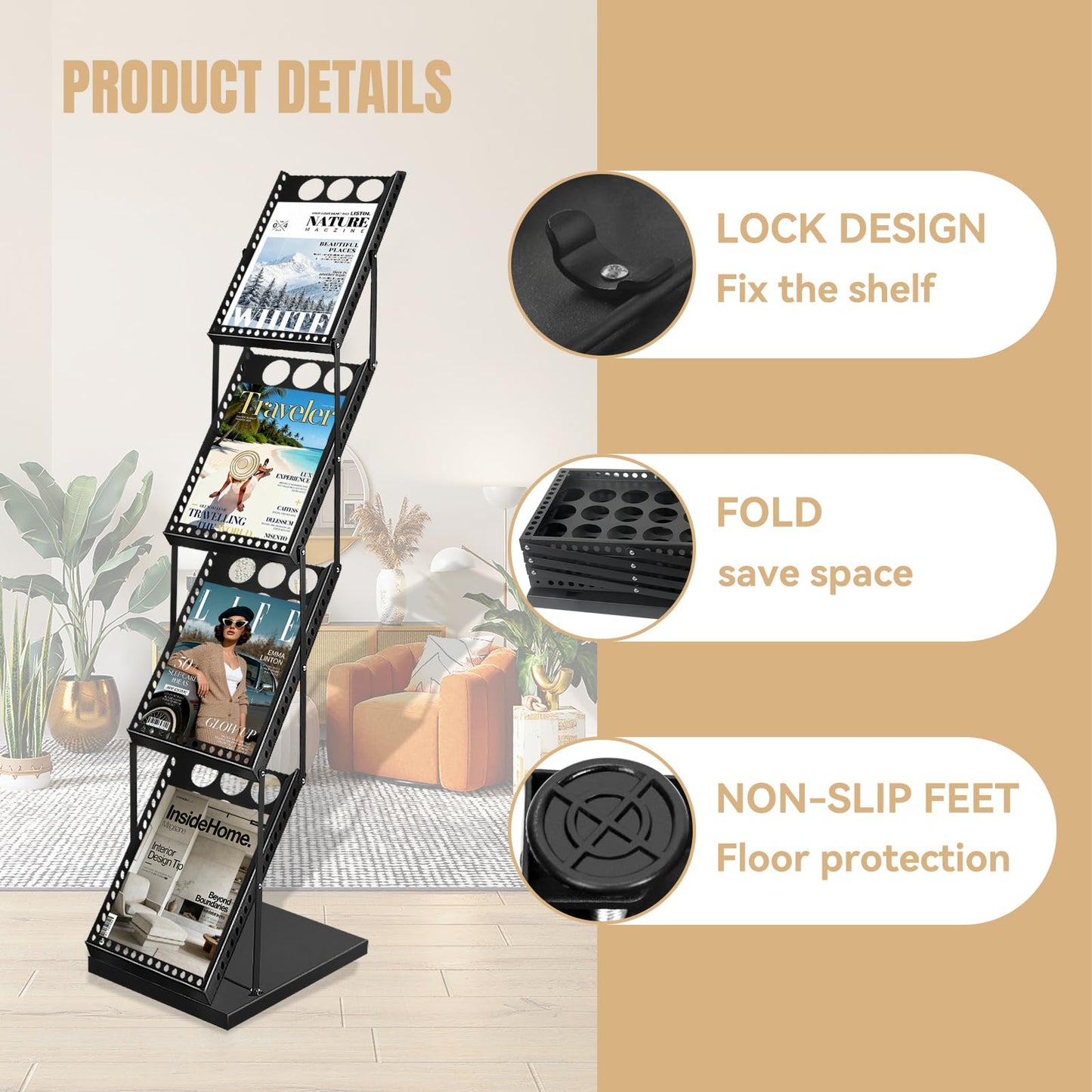 WEWLINE Foldable Magazine Brochure Display Rack, Literature Catalog Rack, Floor-standing Magazine Holder for Office Store, Exhibition and Trade Show (4 Pockets)