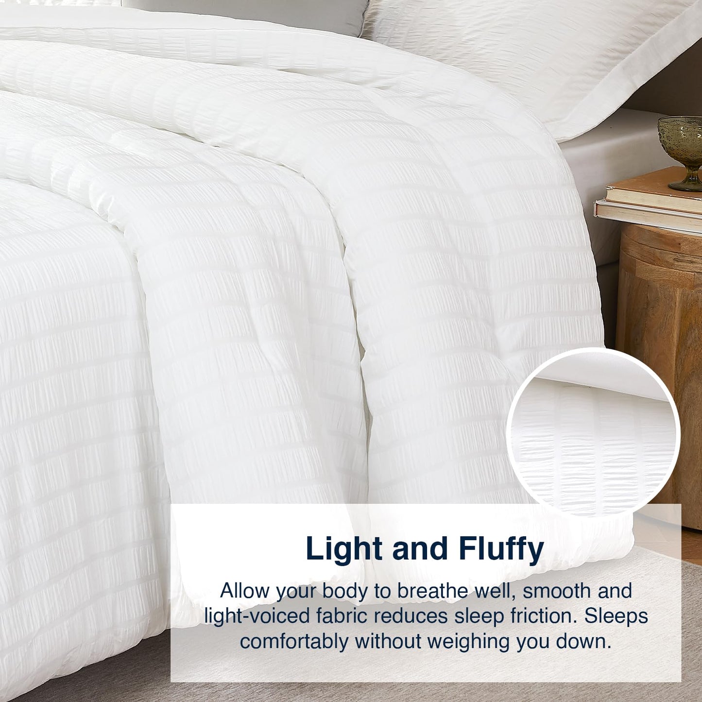 Quataly White Queen Comforter Set - 3 Pieces Seersucker Lightweight Bedding Comforter Sets (1 Soft Fluffy Comforter & 2 Pillowcases) - All Seasons Cozy Modern Bed Sets