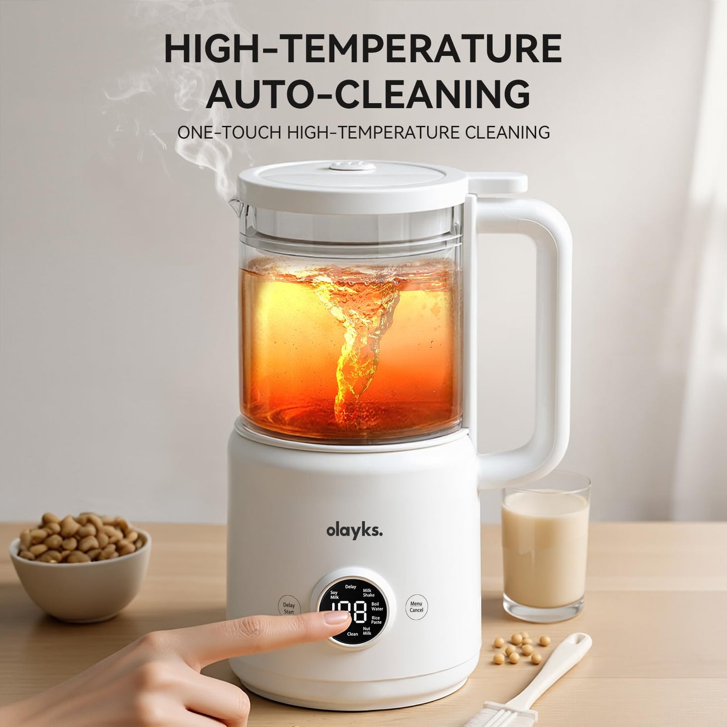Olayks Nut Milk Maker Machine, 8 in 1 Automatic Soy Milk Maker with 12 Blades, Self-Cleaning, 18 Hours Delay Start for Homemade Oat, Almond Milk, Plant Based Milk, Boil Water, 20Oz