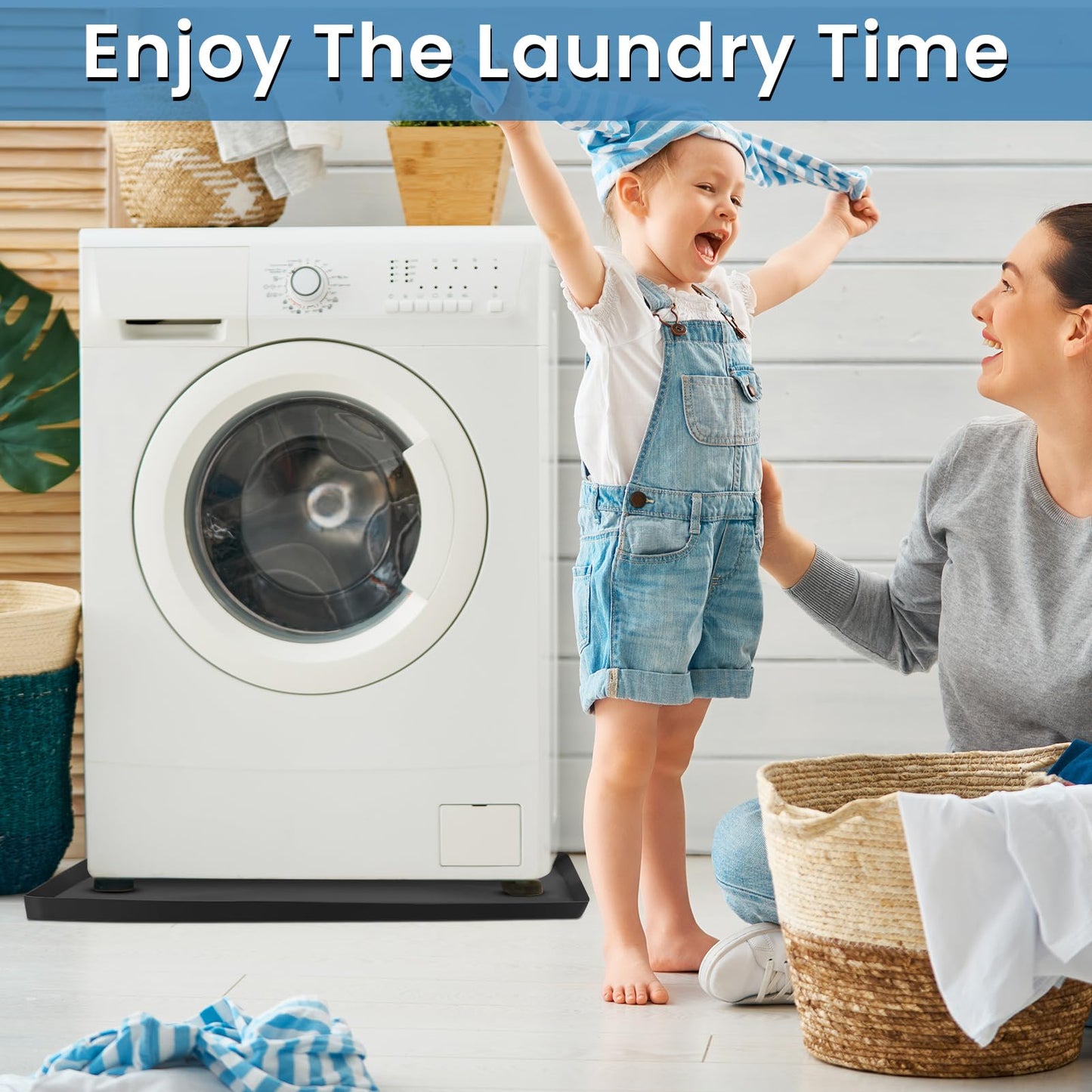 Large Washing Machine Mat 28" x 28" Silicone Under Washer and Dryer Drain Pan Drip Tray Floor Protector Non-Slip Flexible Soft Mat Waterproof Raised Edge 0.98'' Black