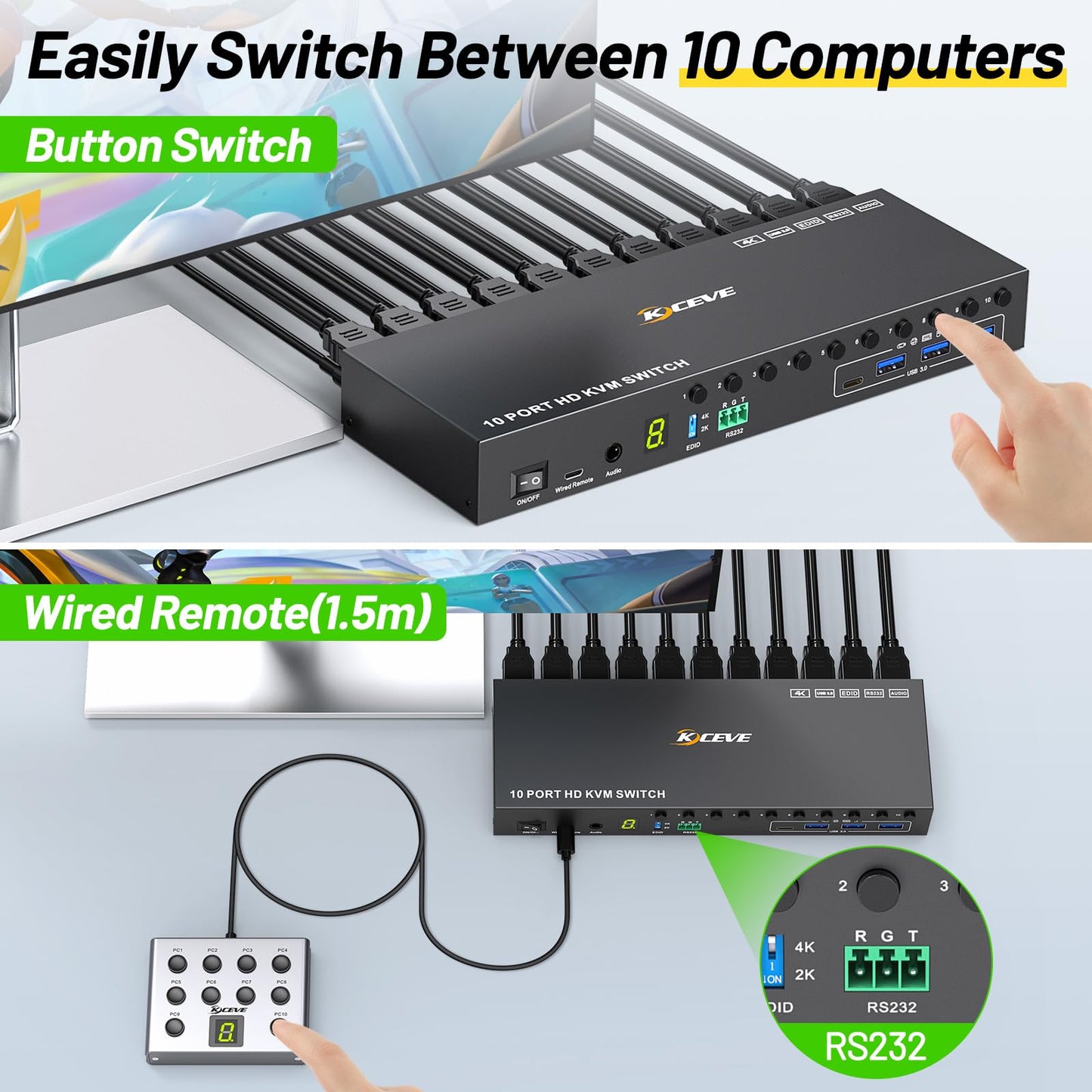 10 Port 8 Port KVM Switch HDMI 4K@60Hz EDID Simulation, USB 3.0 HDMI KVM Switch for 10 Computers Share 1 Monitor and 4 USB Devices, KVM Switches with Audio RS232 Wired Remote 12V Power and USB Cable
