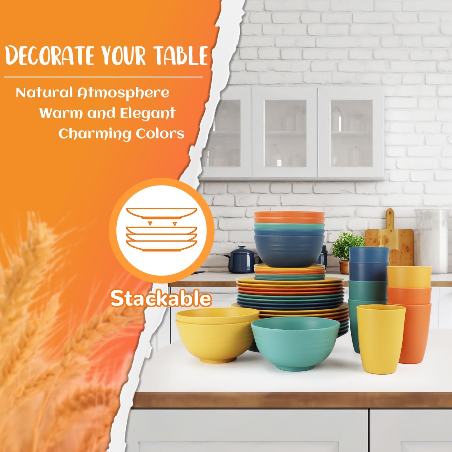 Perlapoc Wheat Straw Dinnerware Set 40 PCS - Service for 8 | Plates and Bowls Sets | Unbreakable Dishes Set - Dinner Plates, Dessert Plate, Cereal Bowls, Drinking Glasses, Dishwasher Safe - Multi