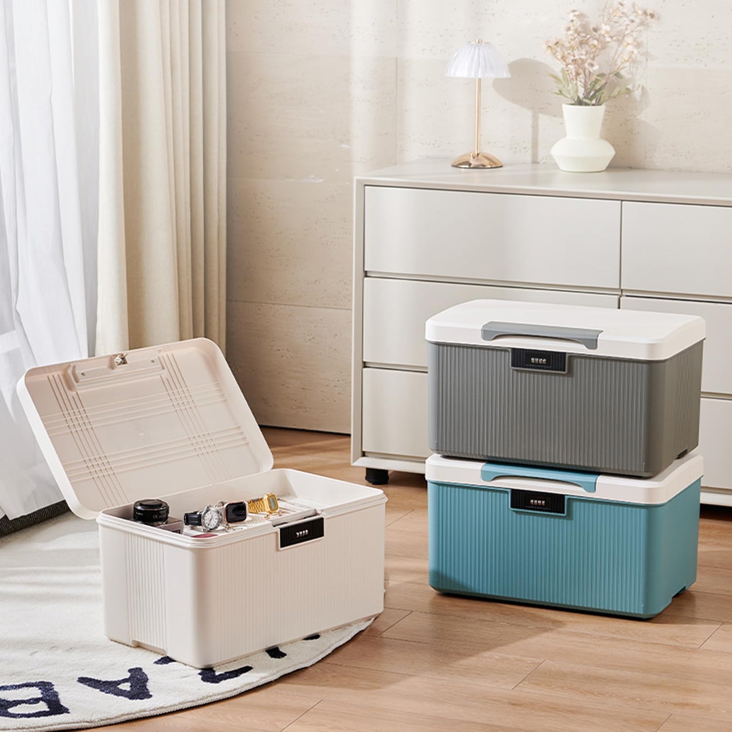PENCK Lockable Storage Container Bin with Combination Lock - 4.2 Gallon Capacity Organizer Box & Plastic Trunk for Office/Home Security | Heavy Duty ABS Storage Box, White&Blue