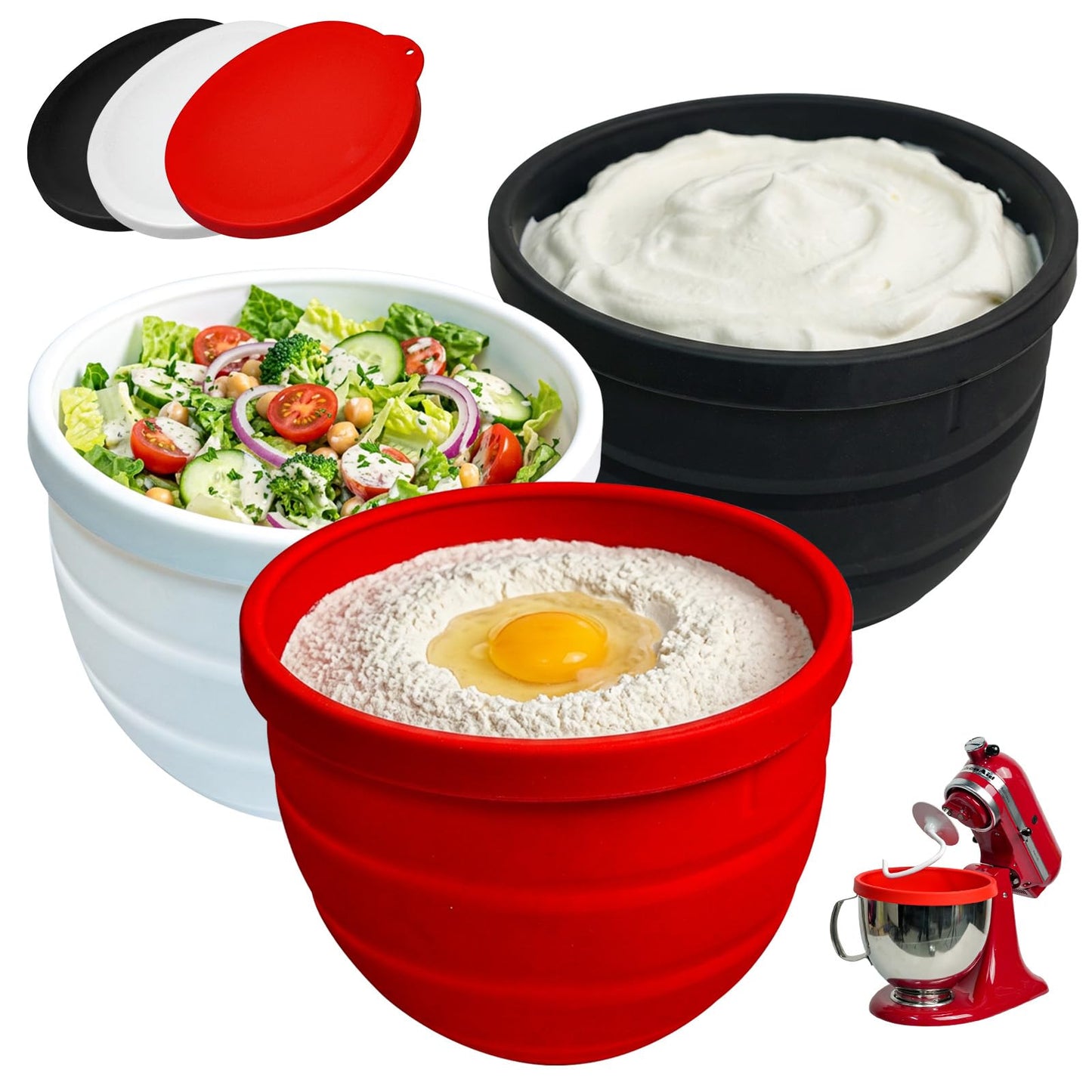 Silicone Bowl Liners for KitchenAid Tilt-Head 5 Qt Stand Mixers, 3 Silicone Liners & Lids/Extra-Thick/No Plastic Smell/Dishwasher Safe/Food Grade/Kitchen Aid Accessories and Attachments for Baking
