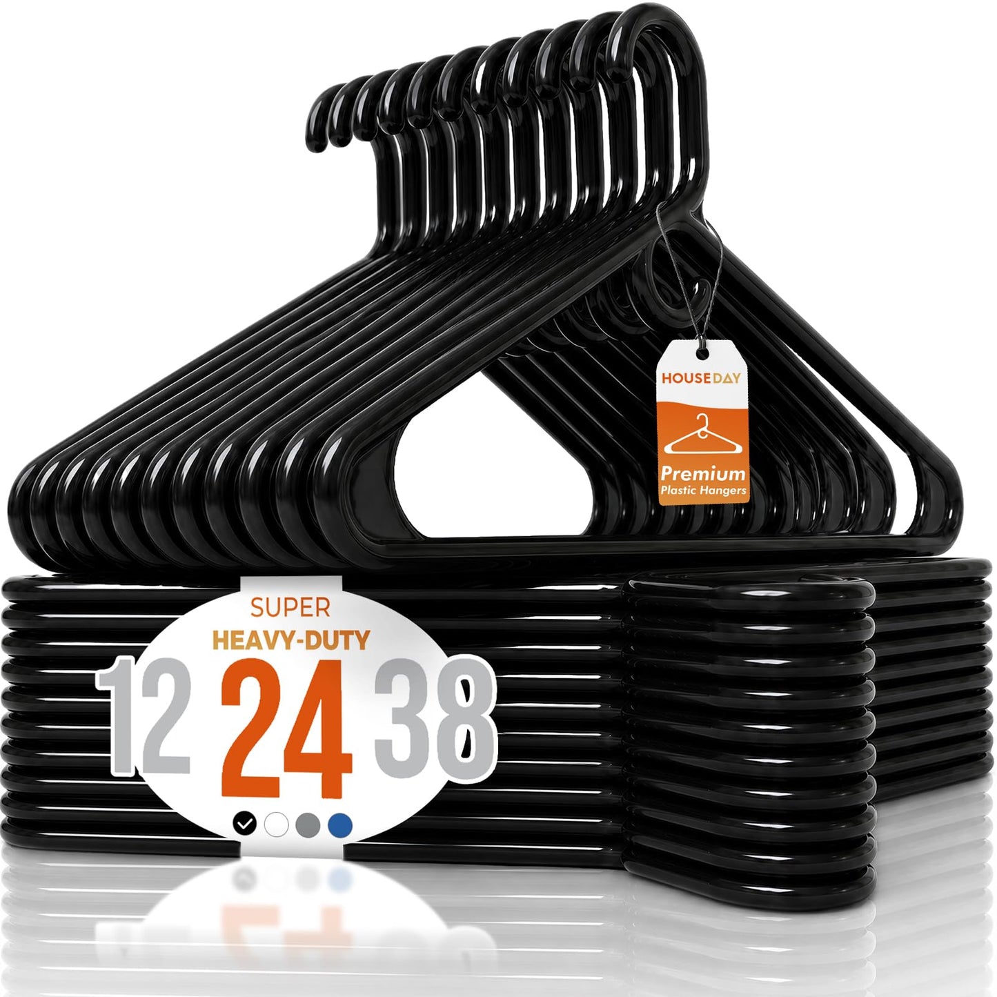 HOUSE DAY Premium Heavy Duty Plastic Hangers 24 Pack - Ultra Thick Black Clothes Hangers - 20 lb Capacity - Sturdy Hangers for Coats, Jackets, Suits & Jeans - Closet Organizer for Dorm, Apartment