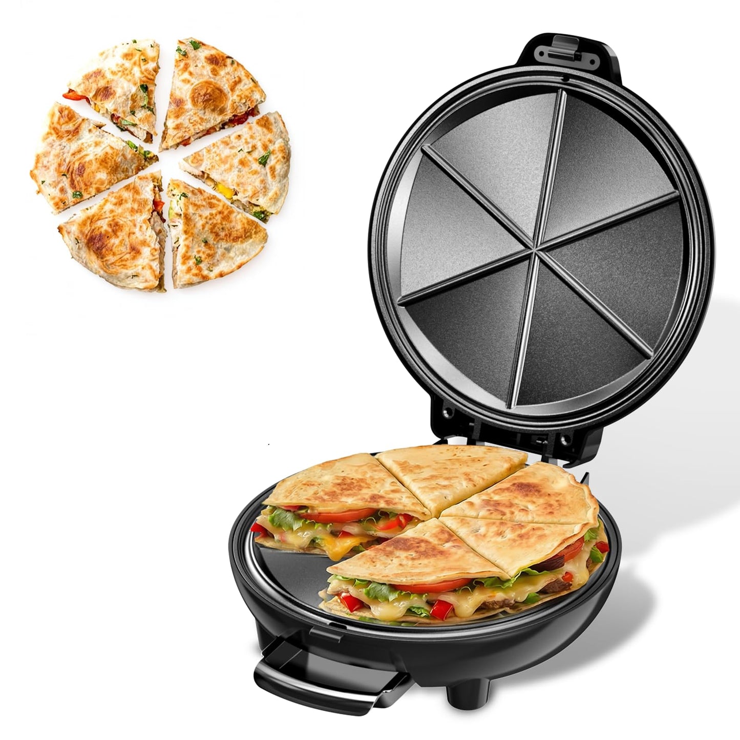 Electric Quesadilla Maker, 9.5'' Quesadilla Press with Easy Slice 6 Wedge, Non Stick Surface, Locking Latch For Extra Stuffing, Grilled Cheese Corn Flour Tortilla Snacks