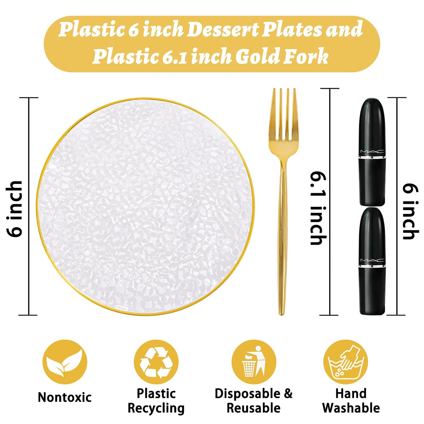 Rubtlamp 200 Pcs Clear Gold Dessert Plates with Forks, 6 inch Hammered Gold Small Disposable Plates, Fancy Appetizer Platos Include 100 Cake Plate,6 inch 100 gold Forks for Birthday, Wedding, Teatime