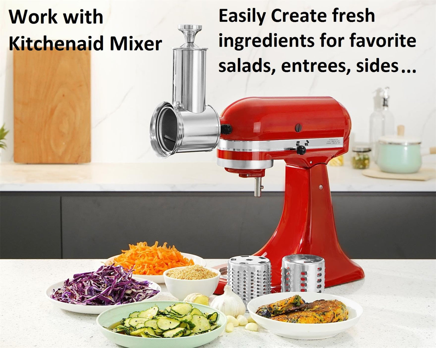 FavorKit Slicer Shredder Attachment for KitchenAid Mixers, Stainless Steel Cheese Grater Vegetable Salad Maker Accessories with 3 Cutting Blades,Dishwasher Safe!