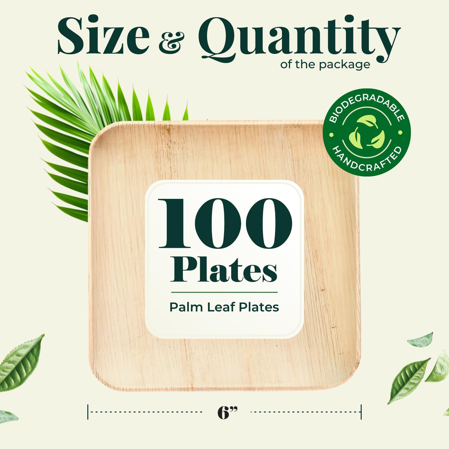 Palm Leaf Plate Bamboo Paper Disposable 6 Inch 100 Bulk Appetizer and Dessert Square Party Pack Eco Biodegradable Compostable Wooden Plates Better Than Plastic Plates By KoalaLove