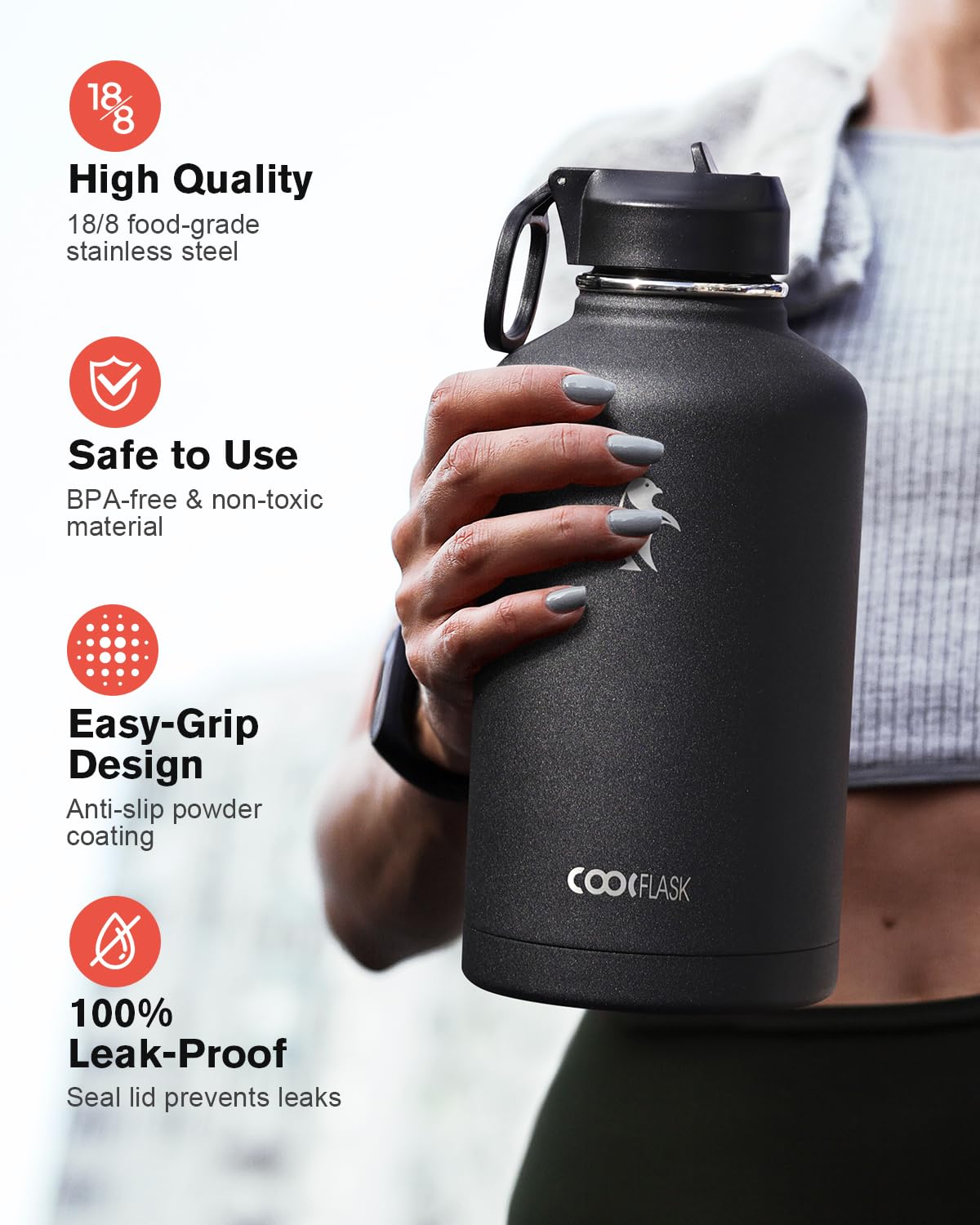 64 oz Water Bottle Insulated with Straw & 3 Lids, Coolflask Large Metal Stainless Steel Water Jug Big Half Gallon Wide Mouth for Sports, Gym or Office, Non-BPA Keep Cold 48H Hot 24H, Magic Black