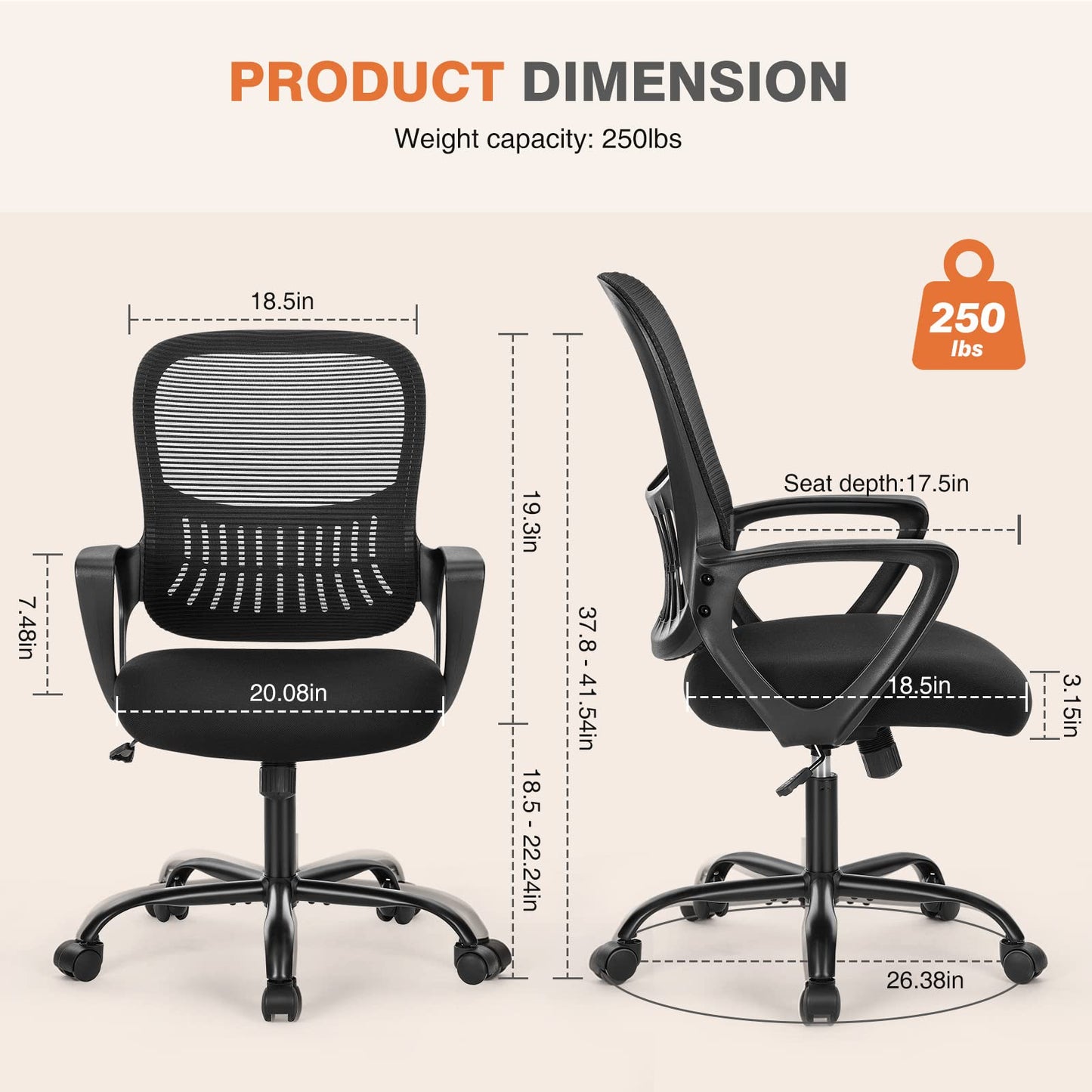Sweetcrispy Home Office Managerial Executive Chair with Ergonomic Design, Mid-Back Mesh 360° Swivel, Comfortable Lumbar Support, Comfy Arms for Bedroom,Study,Student, Black