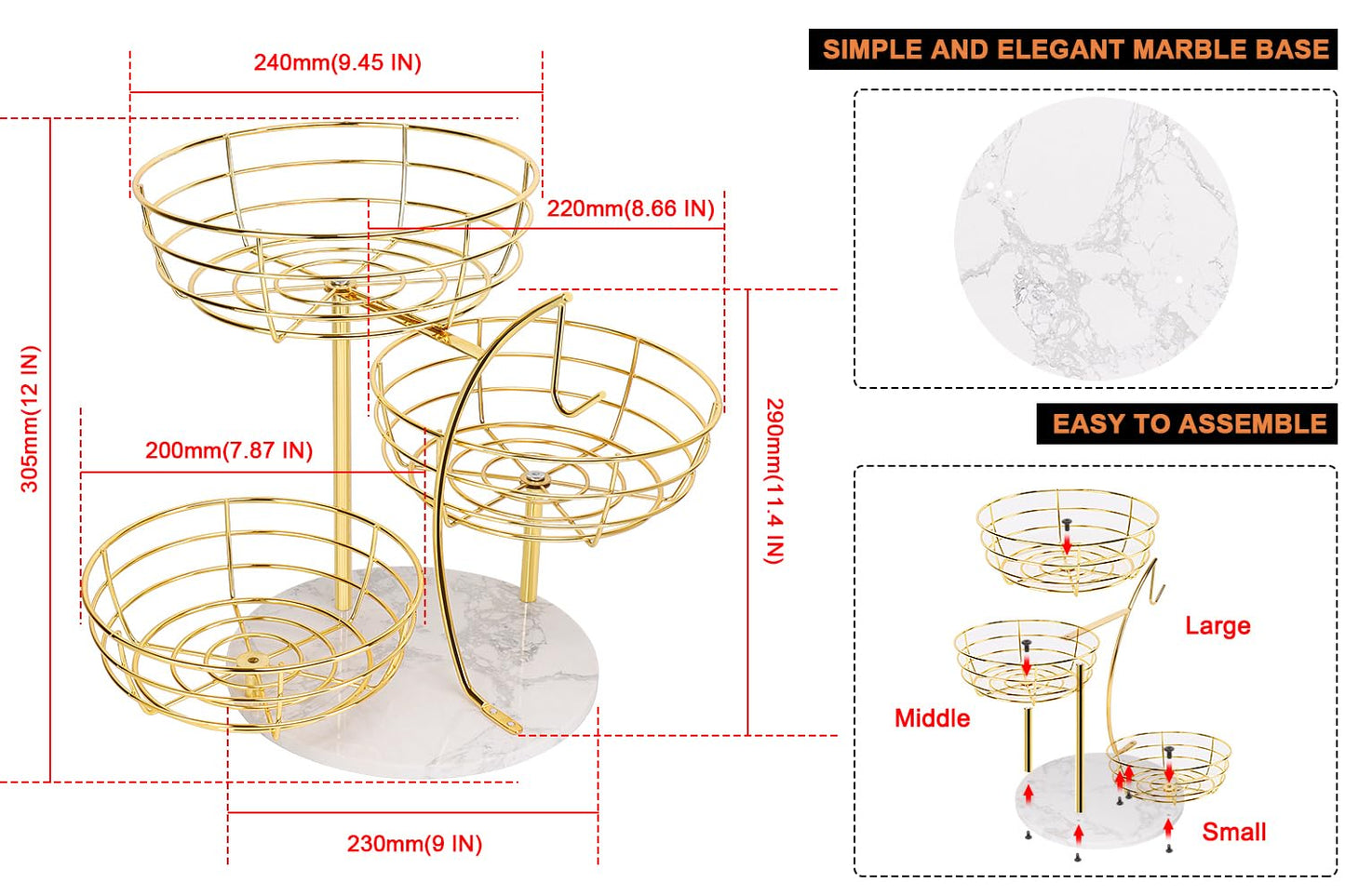 Livabber Fruit Basket Bowl with Banana Hanger, Metal Fruit Vegetable Storage Basket with Banana Holder for Kitchen Counter, Detachable Organizer for Bread Snack Produce (Gold, 3-Tier Marble Base)