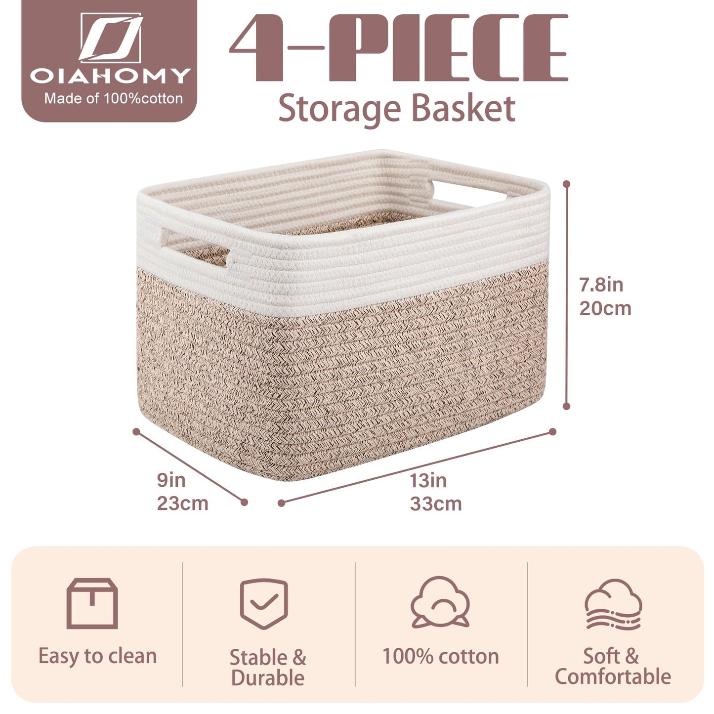 OIAHOMY 4 Pack Storage Baskets for Organizing, Basket for Shelves with Handle, Woven Baskets for Storage Toys, Towels, Books, Cotton Rope Basket 13" L x 9 " W x 7.8 " H, Brown & White