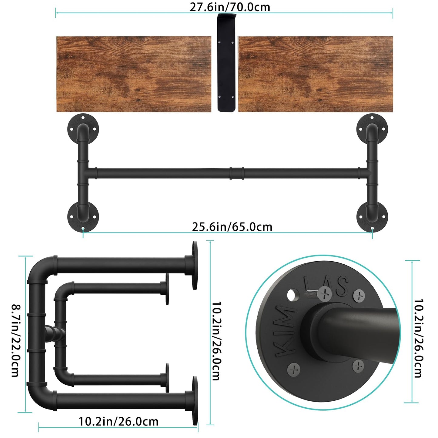 Yawinhe Industrial Pipe Clothes Rack with Top Shelf, Wall Mounted, Space Saving Hanger with 4 Bases, for Shops, Homes, 27.5''Lx10.2''Wx10.2''H, Rustic Brown, 1-Pack