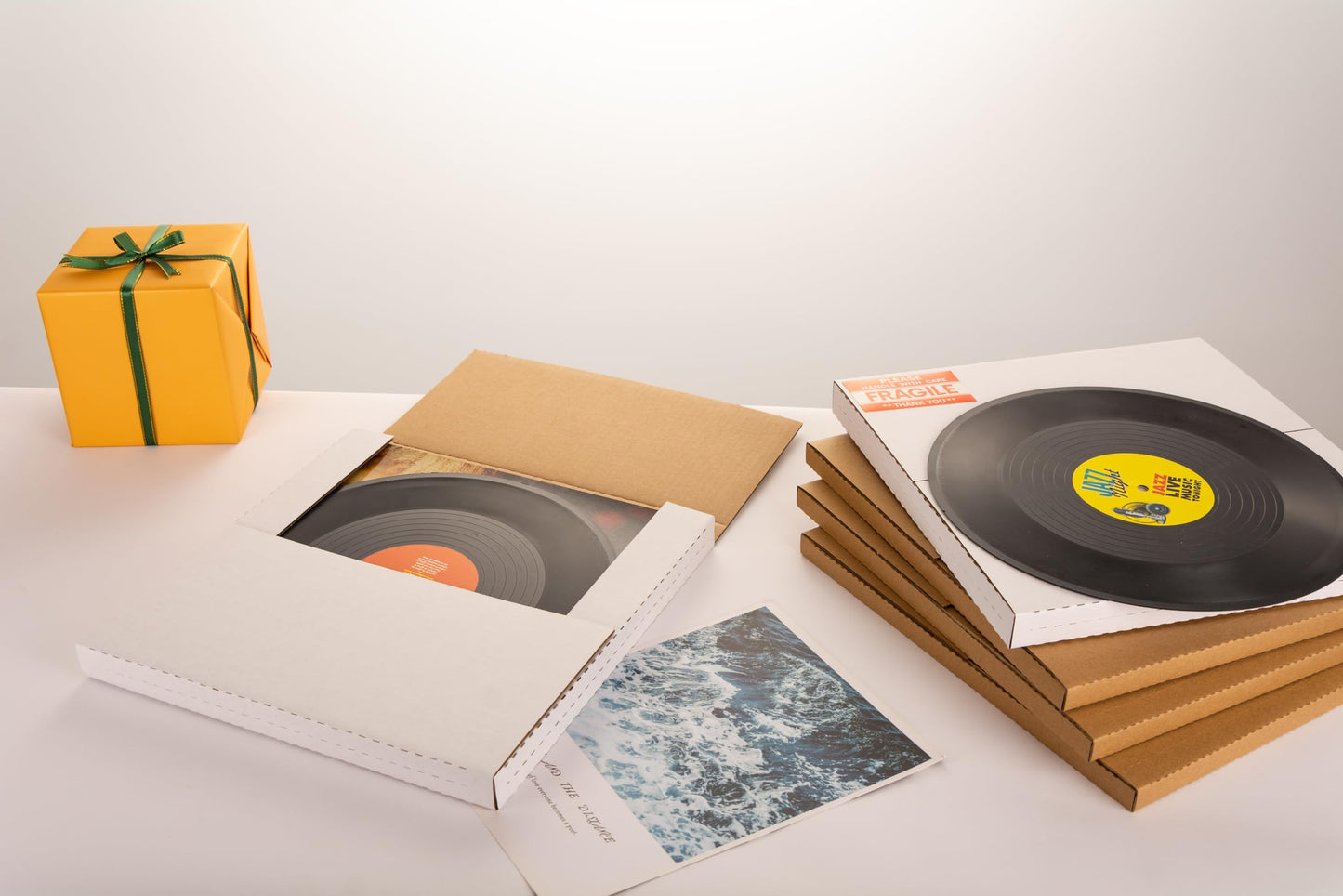 YUSHYIJIE LP Mailers 12.8x12.8x1 inch Vinyl Record Shipping Boxes with Fragile Stickers, Kraft Corrugated Album Mailing Box for Packing, Moving, Storage, 15 Pack