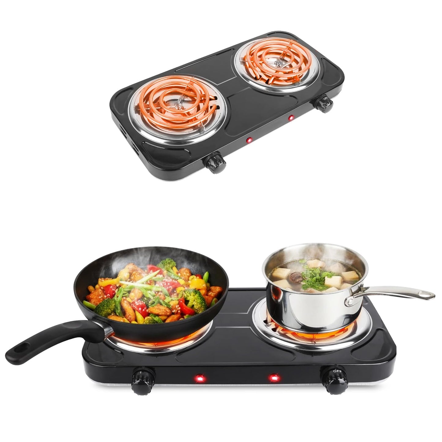 Electric Charcoal Burner Stove, 500W Single Coil Hot Plate Starter with Grill Tongs, 5-Level Temp, Smart Heat Control & Stainless Steel Fast Heating for Cooking top Countertop (3890 Double Black)