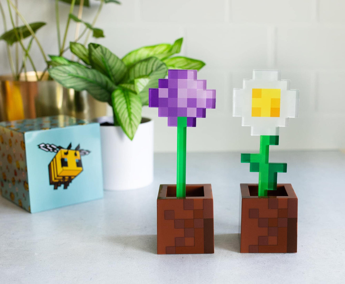 Minecraft Daisy and Allium Flower Pot Mood Lights, Set of 2 | Nightstand Table Lamp with LED Light for Bedroom, Desk, Living Room | Home Decor Room Essentials | Video Game Gifts and Collectibles