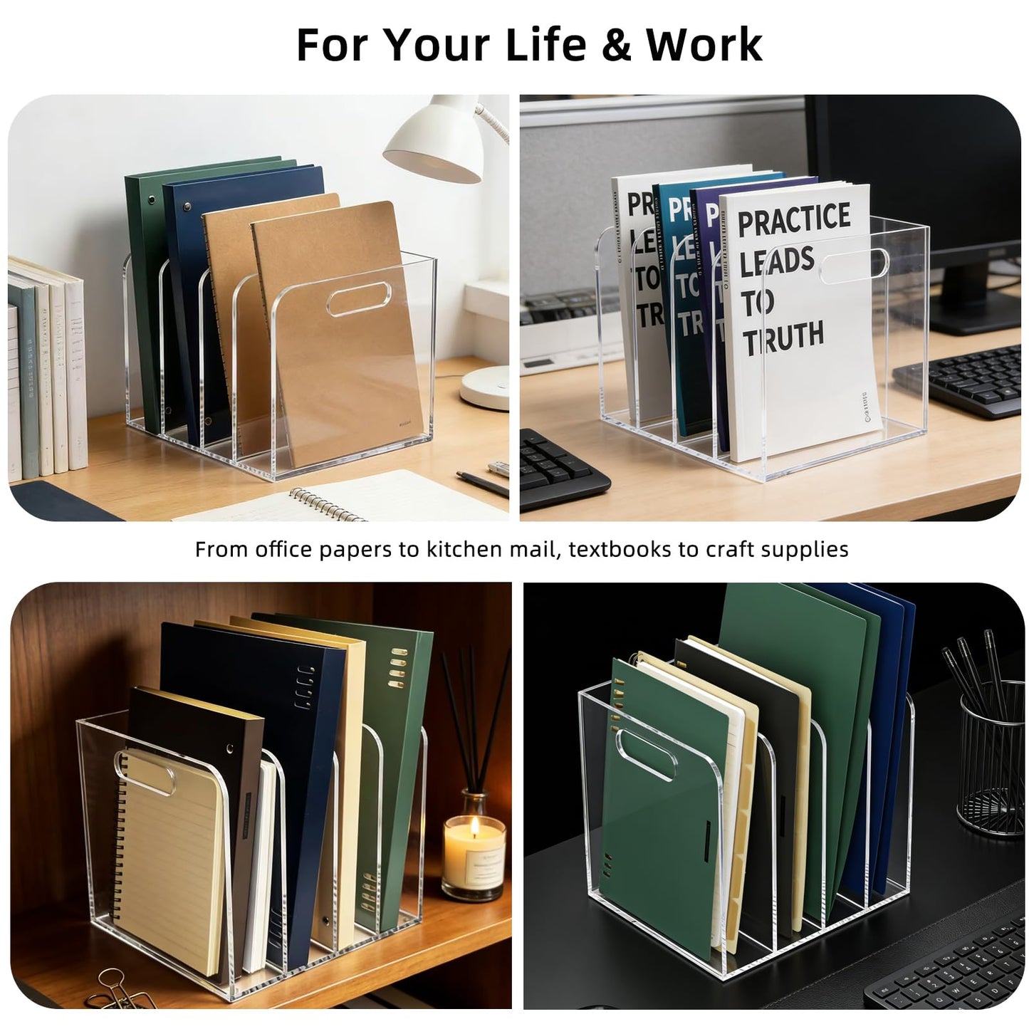 AIDIMOO 4 Vertical Compartments Clear Acrylic Magazine & File Holder – Multipurpose Desk Organizer for Office, Tablets, Magazines, Books – Documents/Home/Classroom Rack