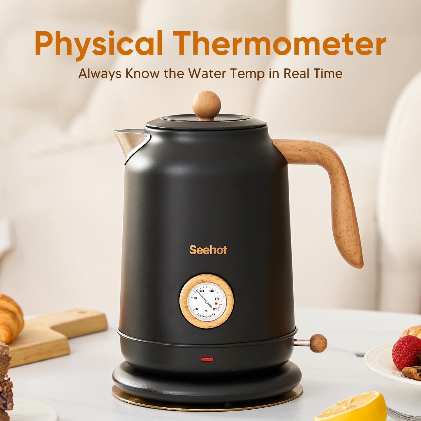 Seehot® 1.7L (57.oz) Electric Kettle with Thermometer, 1200W Large Electric Tea kettle with 304 Stainless Steel,Auto shut off,Hot water kettle Electric for Coffee&Tea-Black