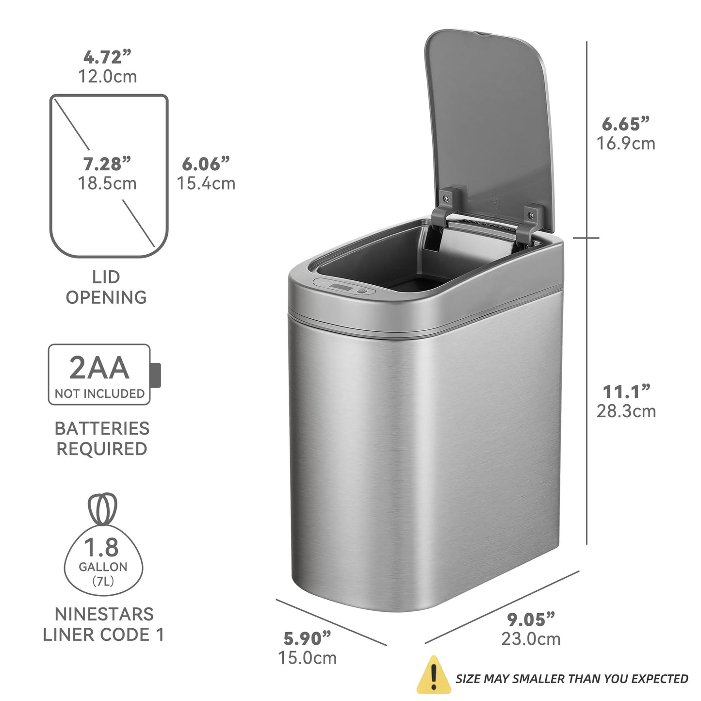 Ninestars Automatic Motion Sensor Bathroom Trash Can, 1.8 Gallon Smart Opening Garbage Bin for Bathroom, Bedroom, Kitchen, Office 7 Liter Compact Stainless Steel