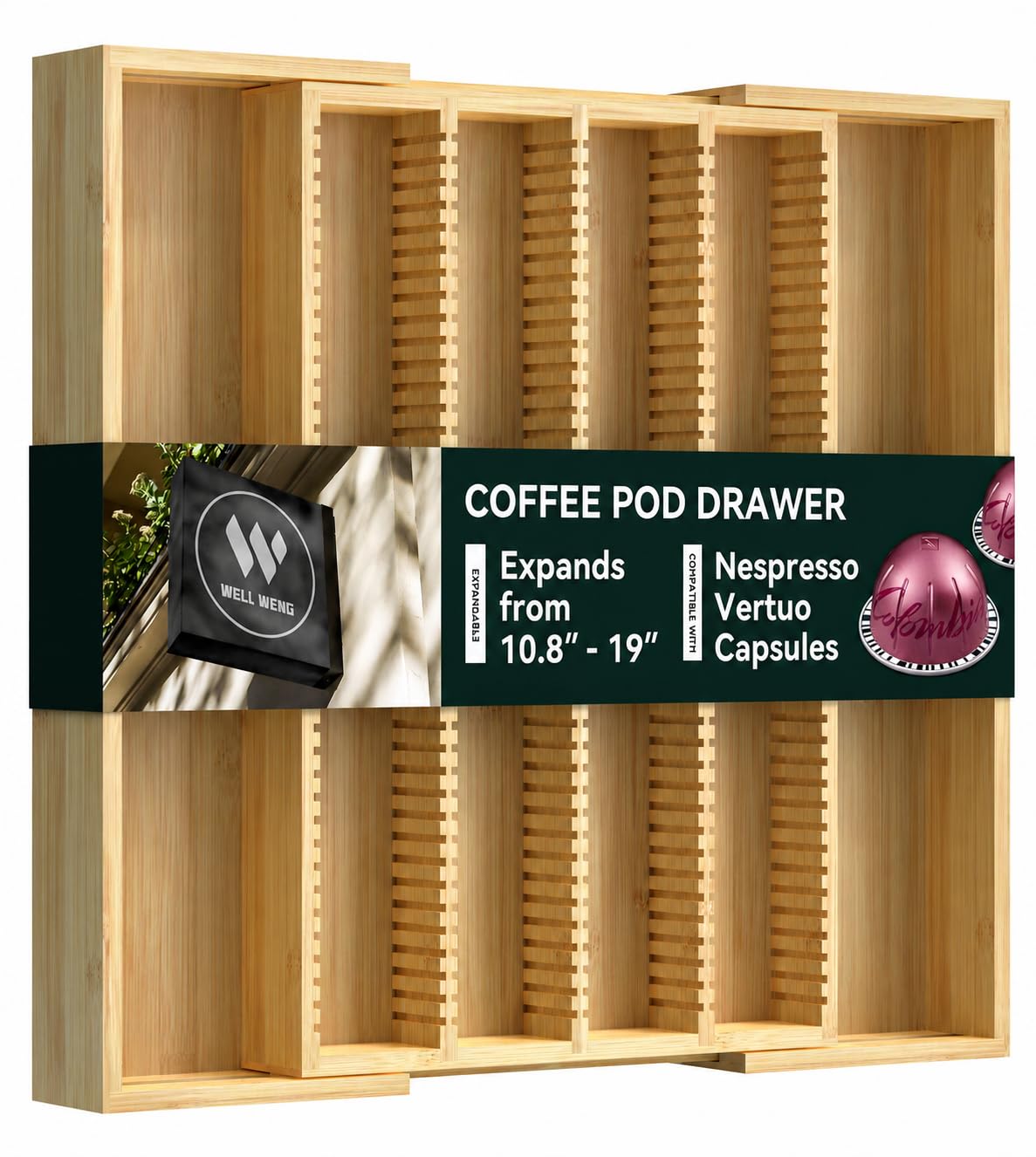 WELL WENG Larger Expandable Bamboo Organizer Holder for Counter Drawer Insert - Compatible with Nespresso Vertuo Capsules - Tea Bags Storage (Natural) 10.8" -19"W x15.67"Dx1.9"H