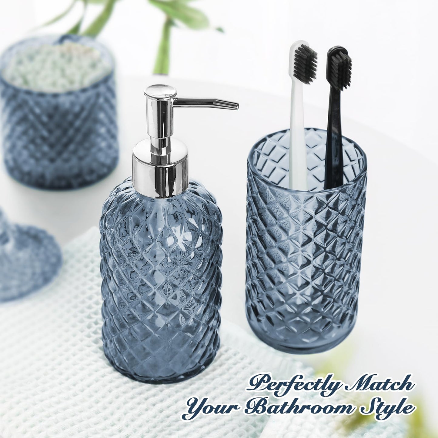 RYTOXILO Blue Bathroom Accessories Set, 4 Pack Light Blue Bathroom Decor Accessory Sets Complete, Diamond Glass Soap Dispenser and Toothbrush Holder Set for Bath Counter Organizer Essentials