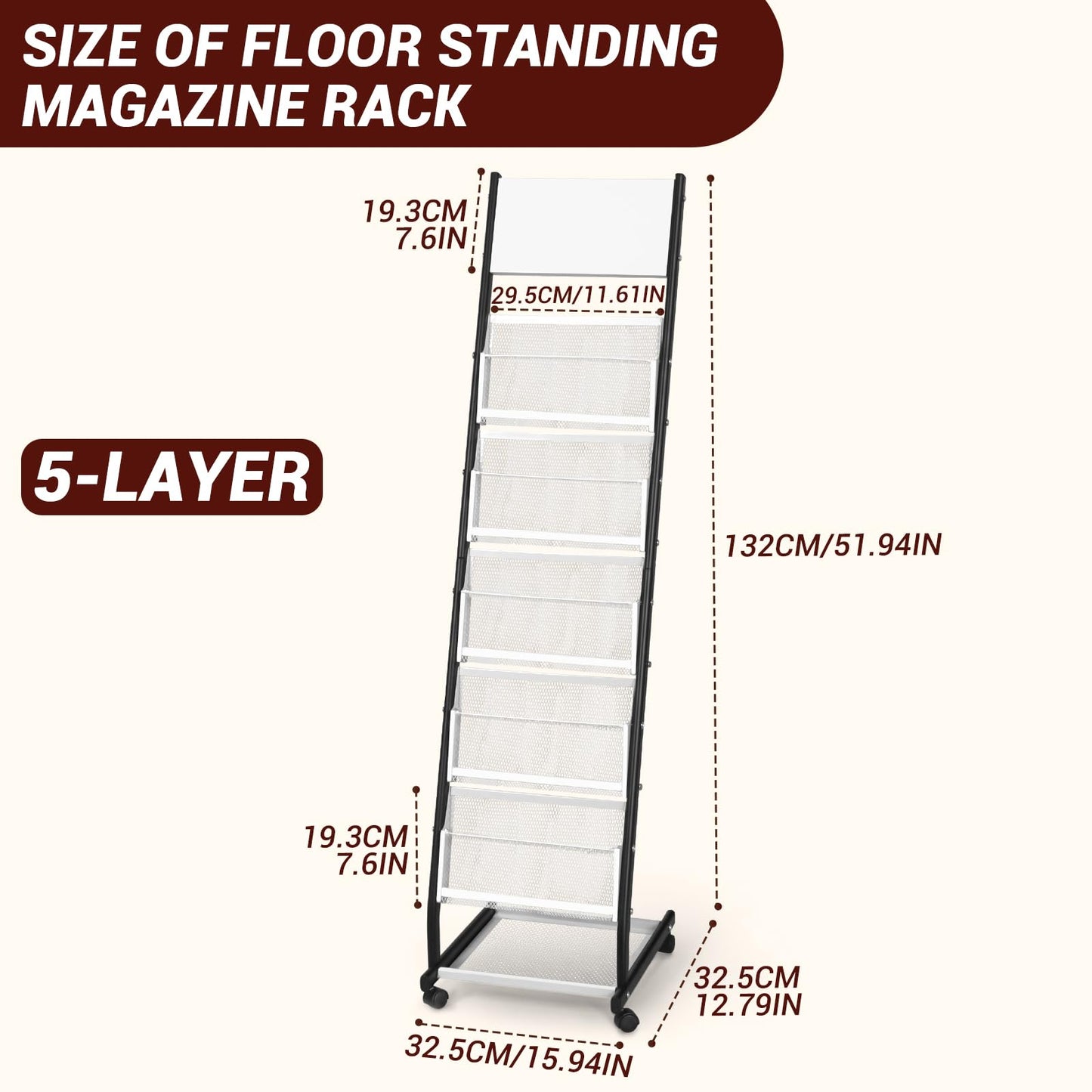 XIDIHF Floor Standing Magazine Holder with 5 Pockets, Journals, Brochure & Literature Display Holder for Trade Shows, Exhibitions, Office, and Shopping Malls, Black