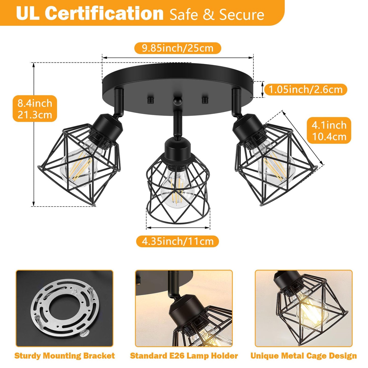 Baocuz 3-Light Kitchen Flush Mount Ceiling Light, Adjustable Multi-Directional Ceiling Light Fixture, Farmhouse Black Metal Cage Close to Ceiling Lamp for Dining Room Bedroom Hallway