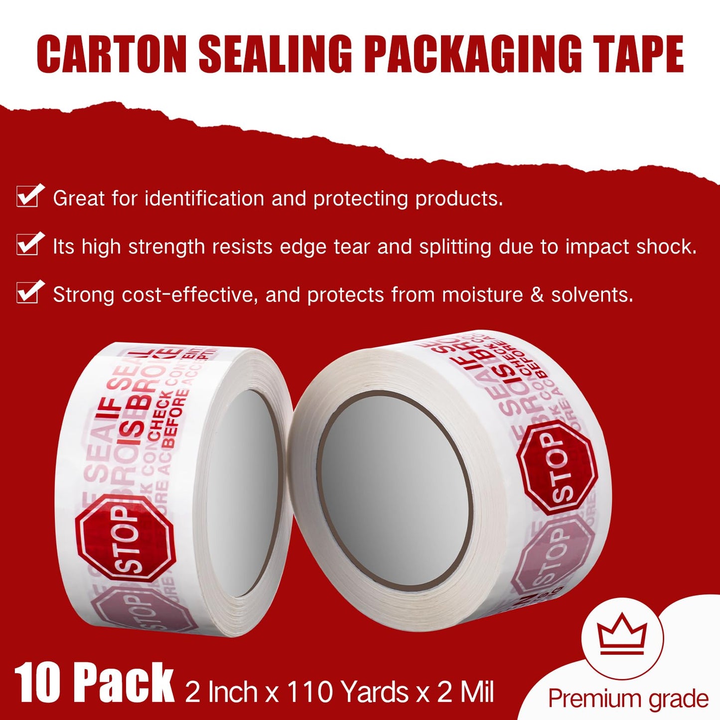 Nezyo 10 Rolls 2 Inch Security Tamper Proof Tape Stop Sign Sealing Tape Pre Printed If Seal is Broken Check Contents Before Accepting for Moving Heavy Duty Packing, 110 Yards x 2 Mil (White)