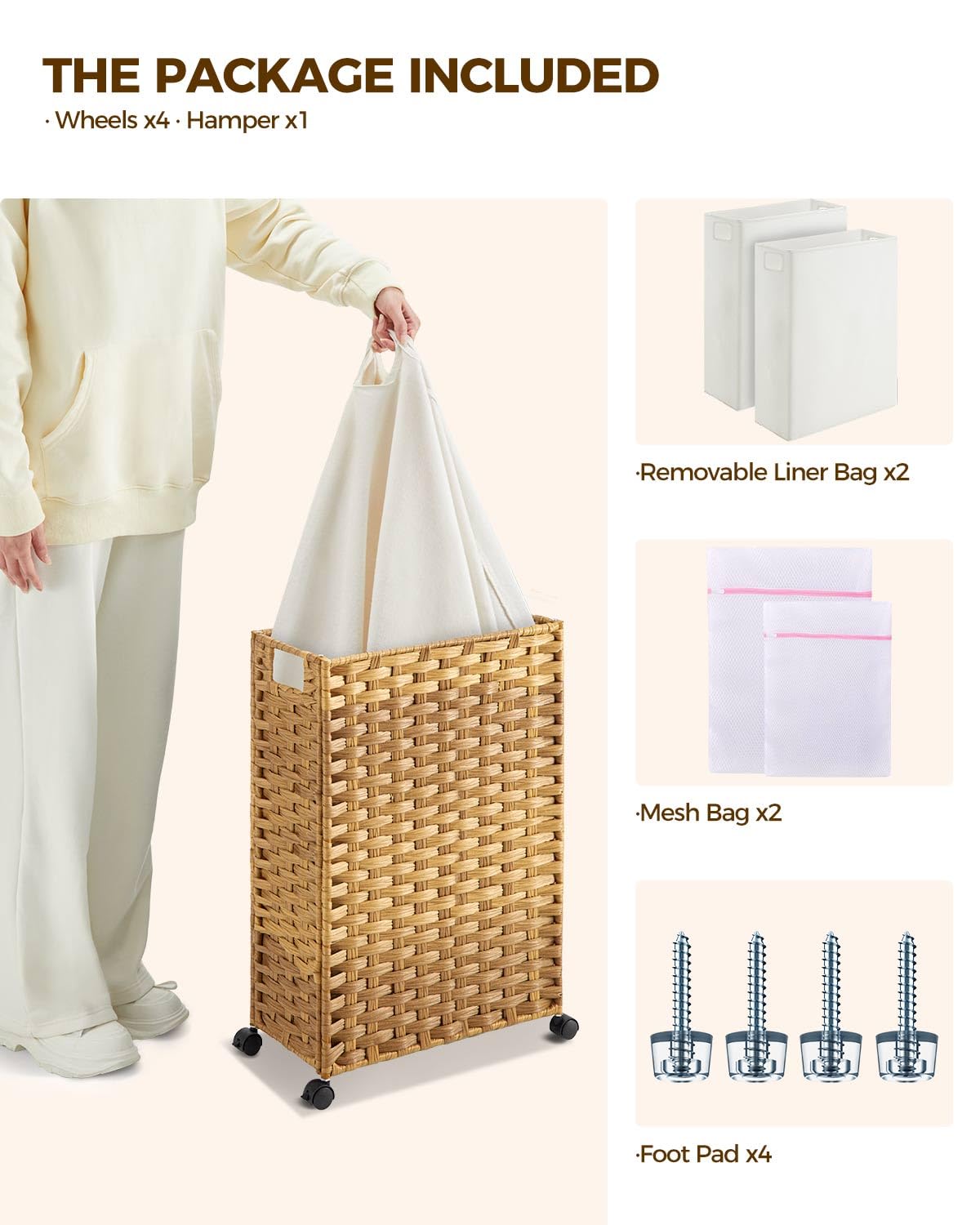 Greenstell Laundry Hamper with Wheels, 11.9 Gallon (45L) Small Clothes Hamper with 2 Removable Liner Bags & 2 Mesh Bags, Slim Rattan Laundry Basket for Bathroom, Bedroom, Natural